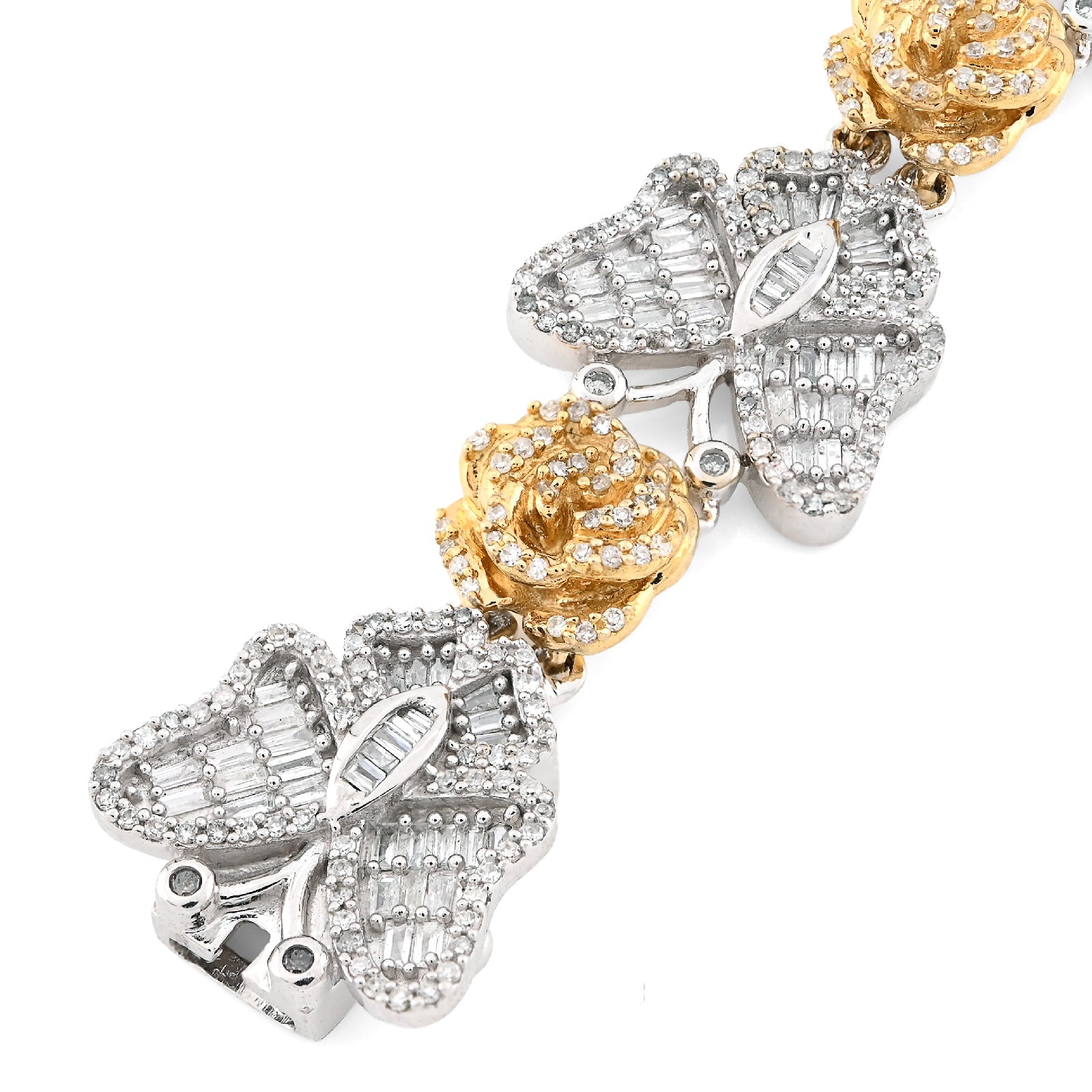 10K Yellow/White Gold Natural Diamond Baguette/Round Butterfly & Flower Link Women Bracelet - Elite Jewelers - Bracelets
