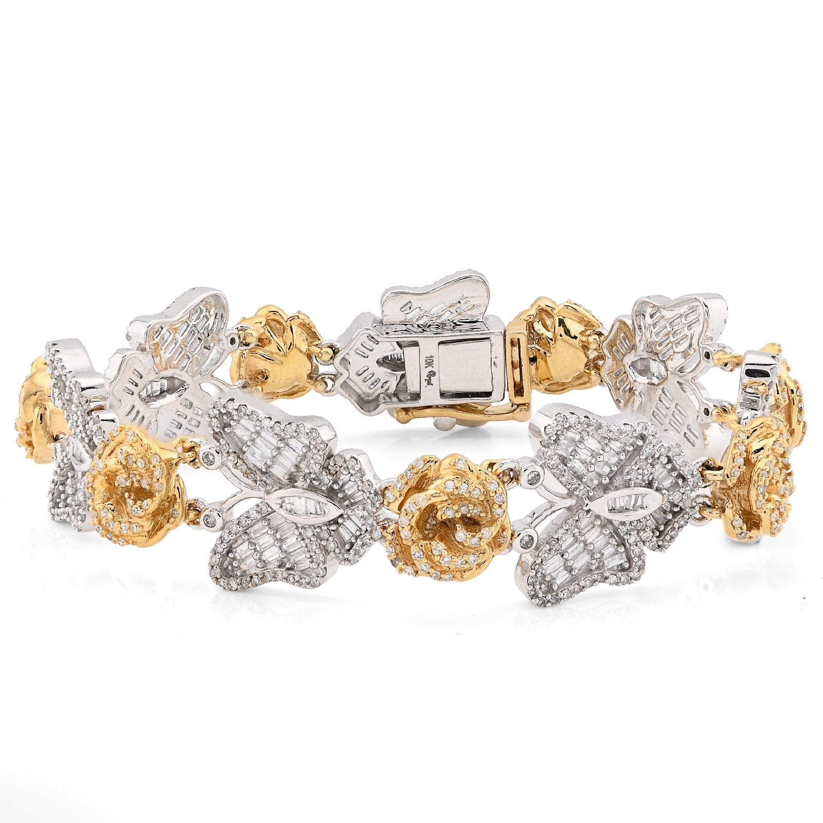 10K Yellow/White Gold Natural Diamond Baguette/Round Butterfly & Flower Link Women Bracelet - Elite Jewelers - Bracelets