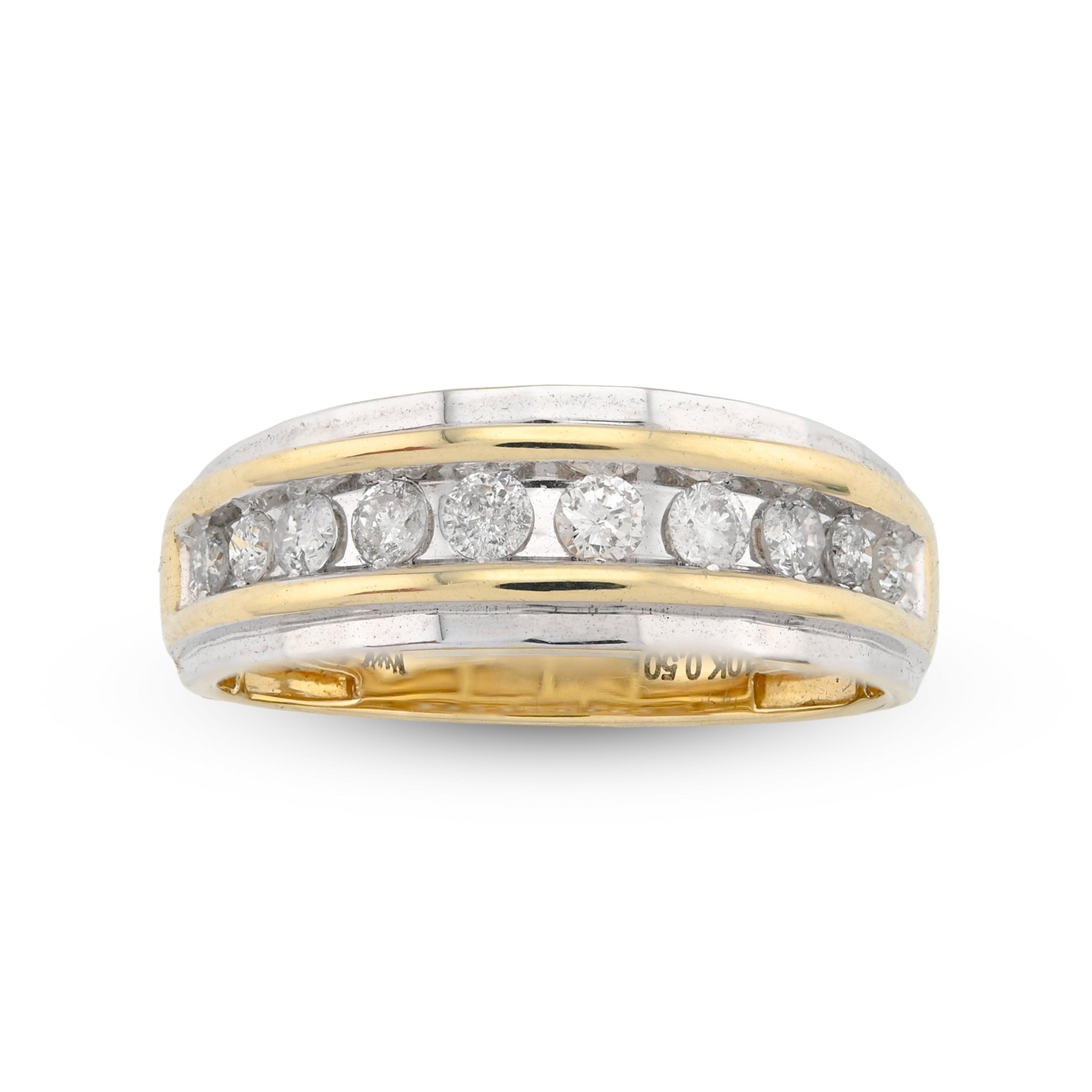 10K Yellow/White Gold Centre Row 0.50CT Natural Diamond Men 2 Tone Band - Elite Jewelers - Rings