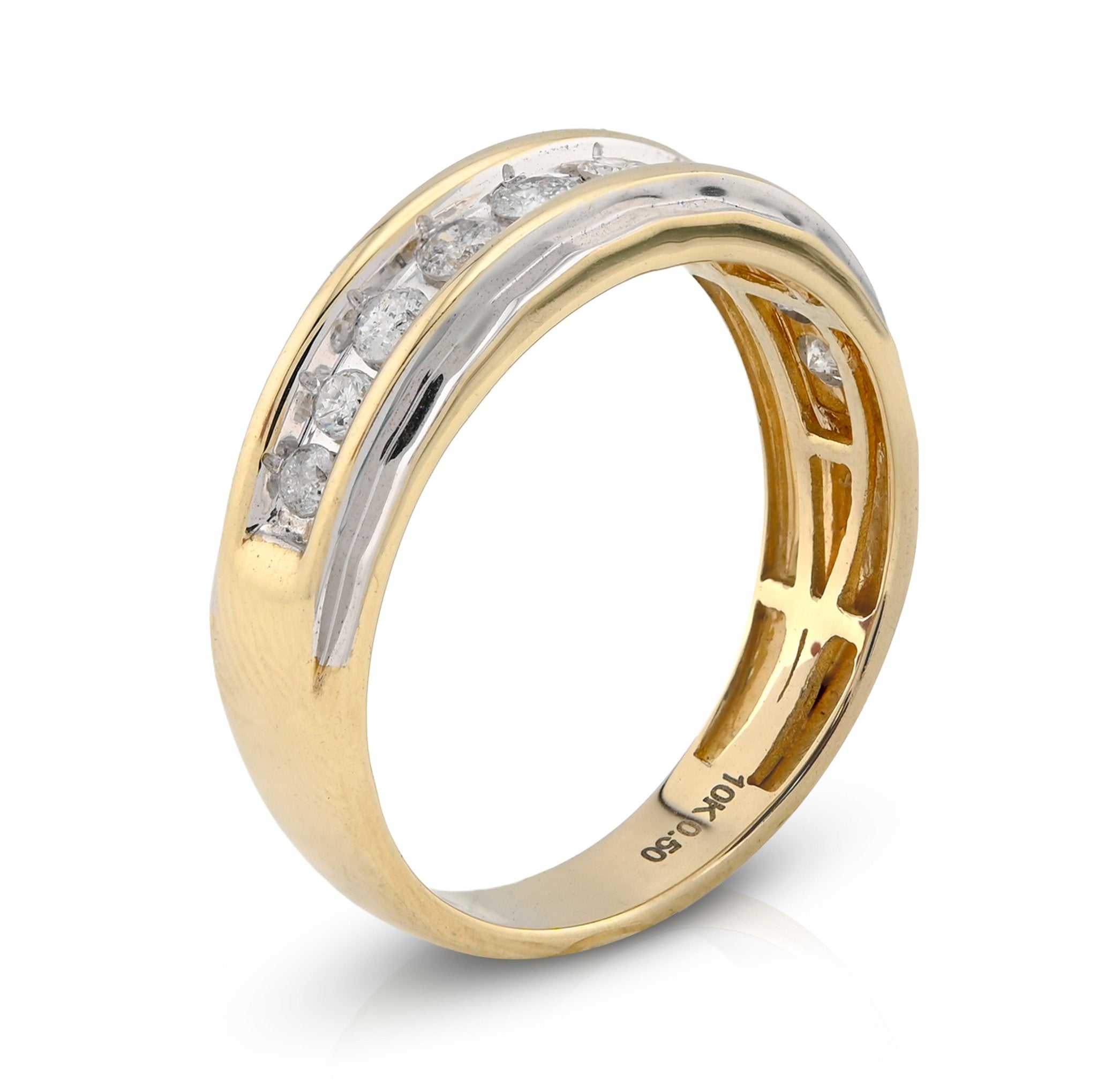 10K Yellow/White Gold Centre Row 0.50CT Natural Diamond Men 2 Tone Band - Elite Jewelers - Rings