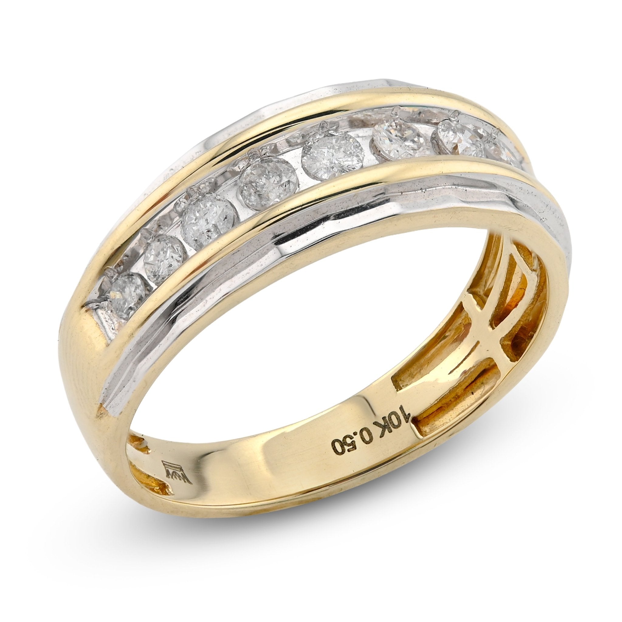 10K Yellow/White Gold Centre Row 0.50CT Natural Diamond Men 2 Tone Band - Elite Jewelers - Rings