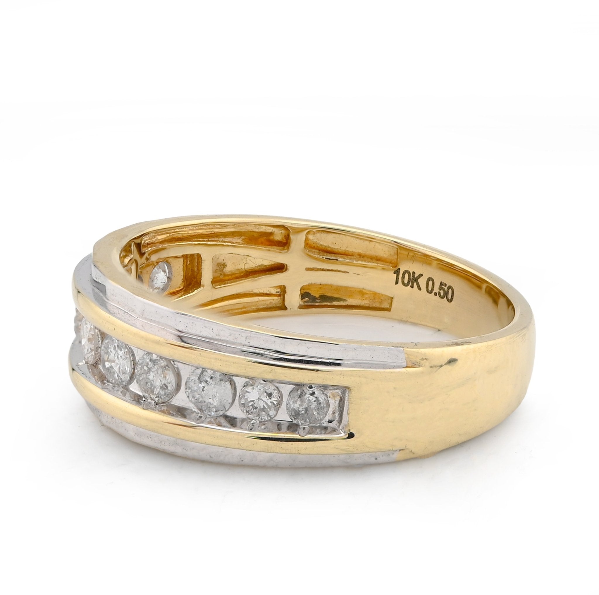 10K Yellow/White Gold Centre Row 0.50CT Natural Diamond Men 2 Tone Band - Elite Jewelers - Rings