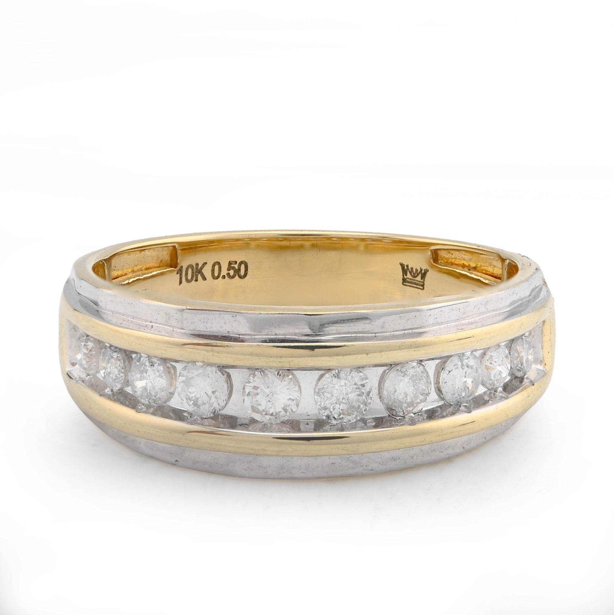 10K Yellow/White Gold Centre Row 0.50CT Natural Diamond Men 2 Tone Band - Elite Jewelers - Rings
