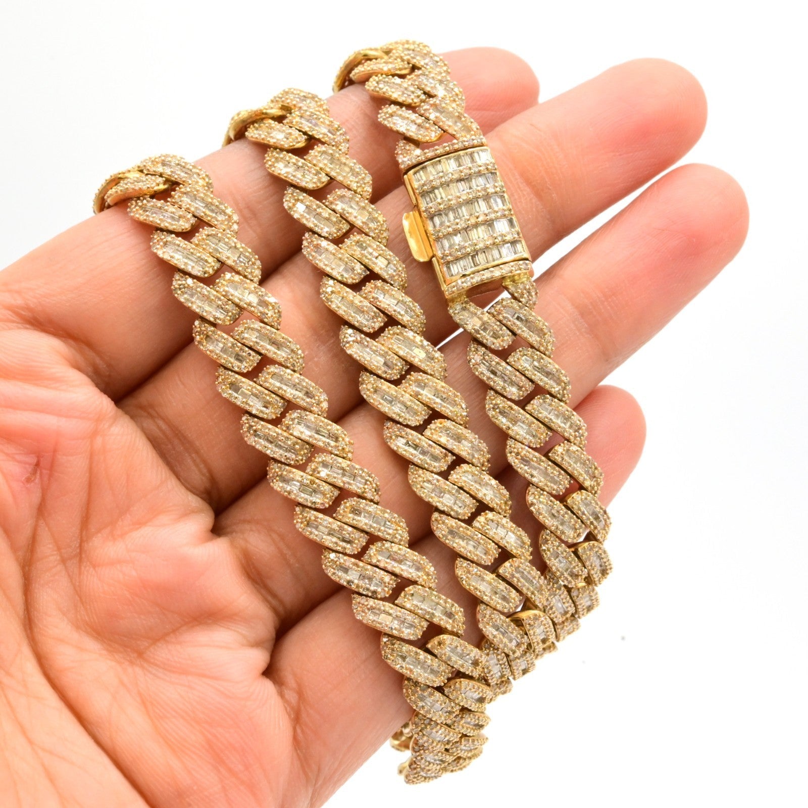 10MM 10k Yellow Gold 21In 19CTW Natural Baguette Diamond Cuban Link Chain 53.7g - Elite Jewelers - Necklaces & Chains