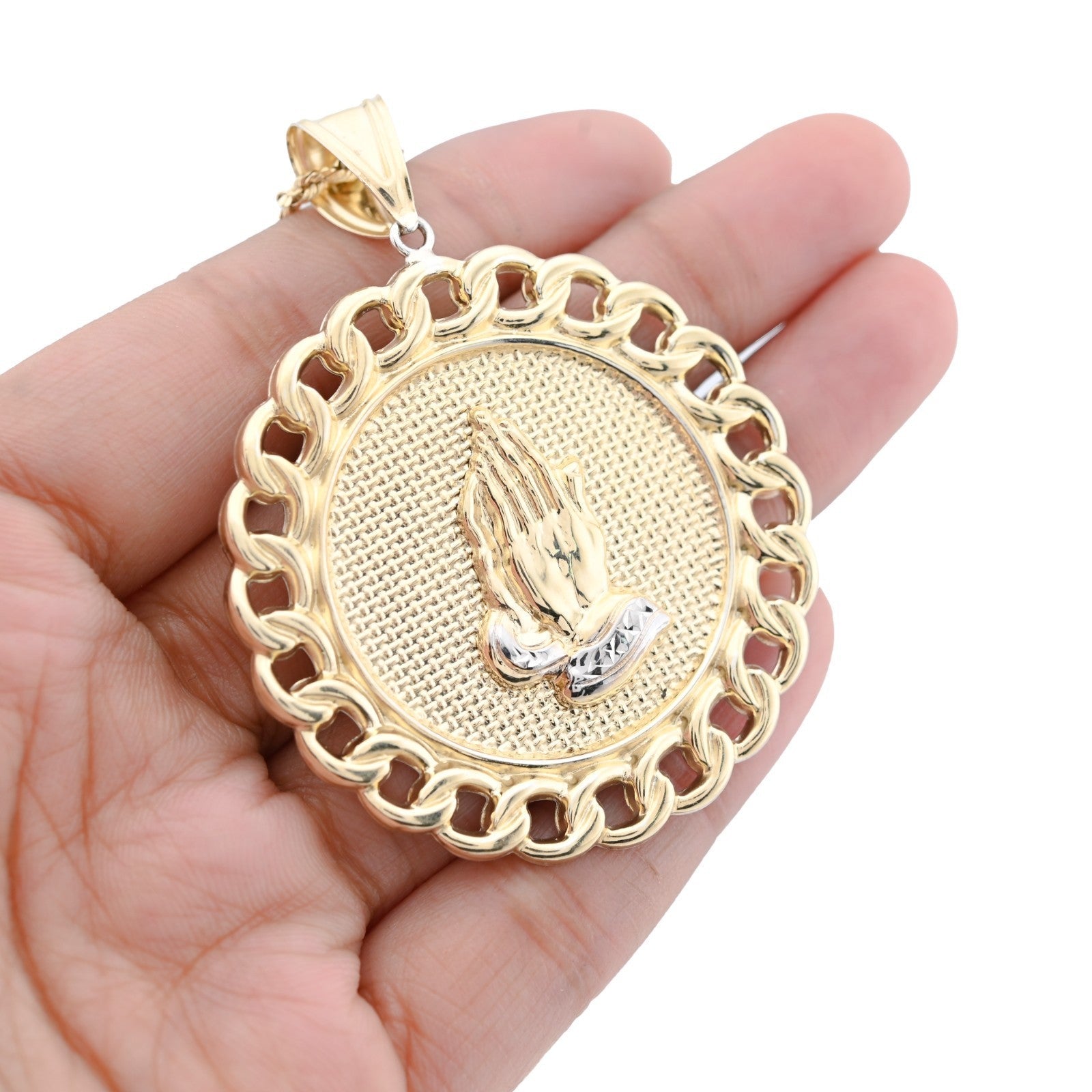 1/10th 10k Gold Bonded 925 Praying Hand Cuban Link Pendant Two Tone 9.6gms Charm - Elite Jewelers - Charms & Pendants