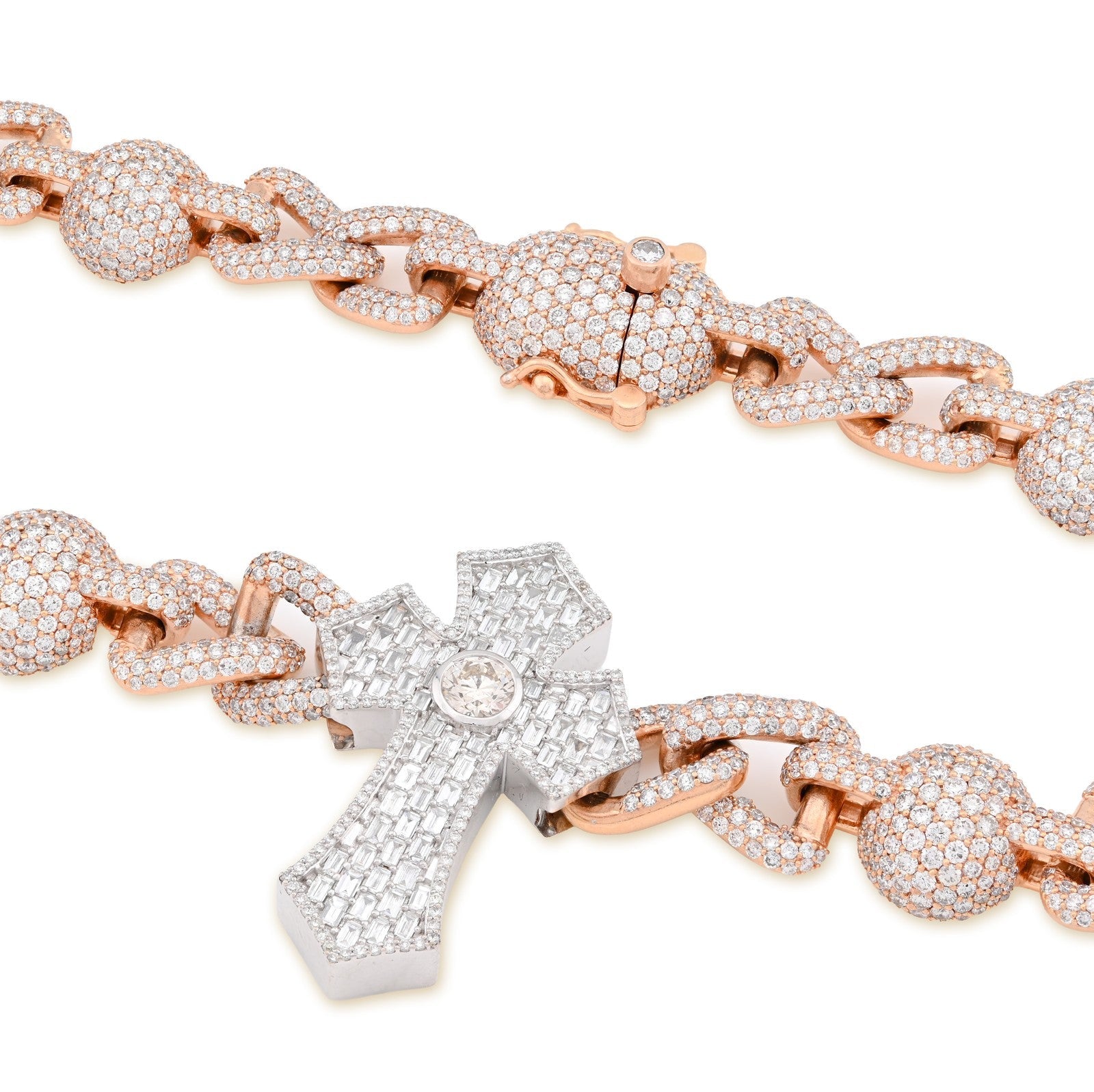 12.6MM Two Tone Gold 28CTW 159.6gm Round/Baguette Diamond Cross & Infinity Chain - Elite Jewelers - Necklaces