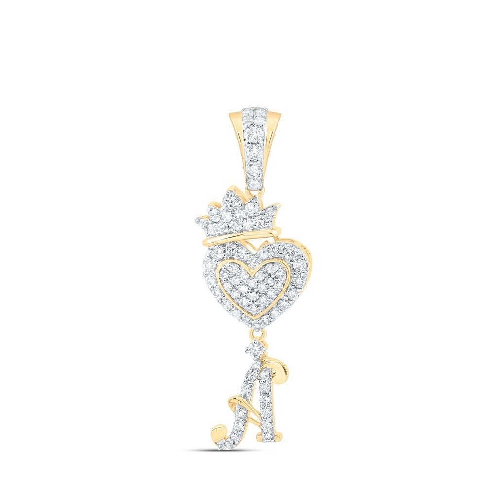 1/2CTW Diamond 10k Yellow Gold Initial "A" Letter Charm Heart Crown Pendant - Elite Jewelers - Charms & Pendants