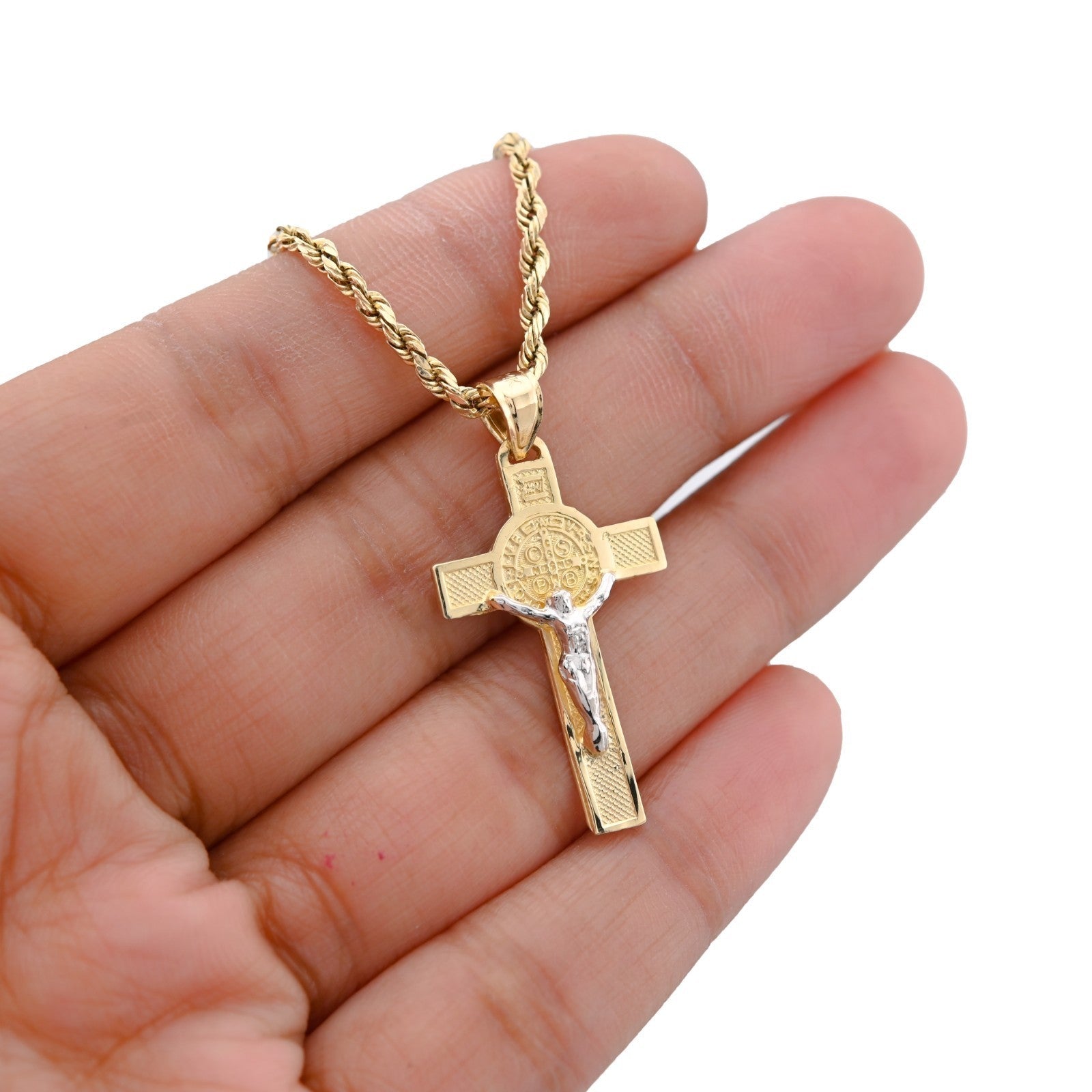 14k Gold 1.8gm St. Benedict San Benito Jesus Cross Crucifix Pendant 2 - Tone Charm - Elite Jewelers - Charms & Pendants