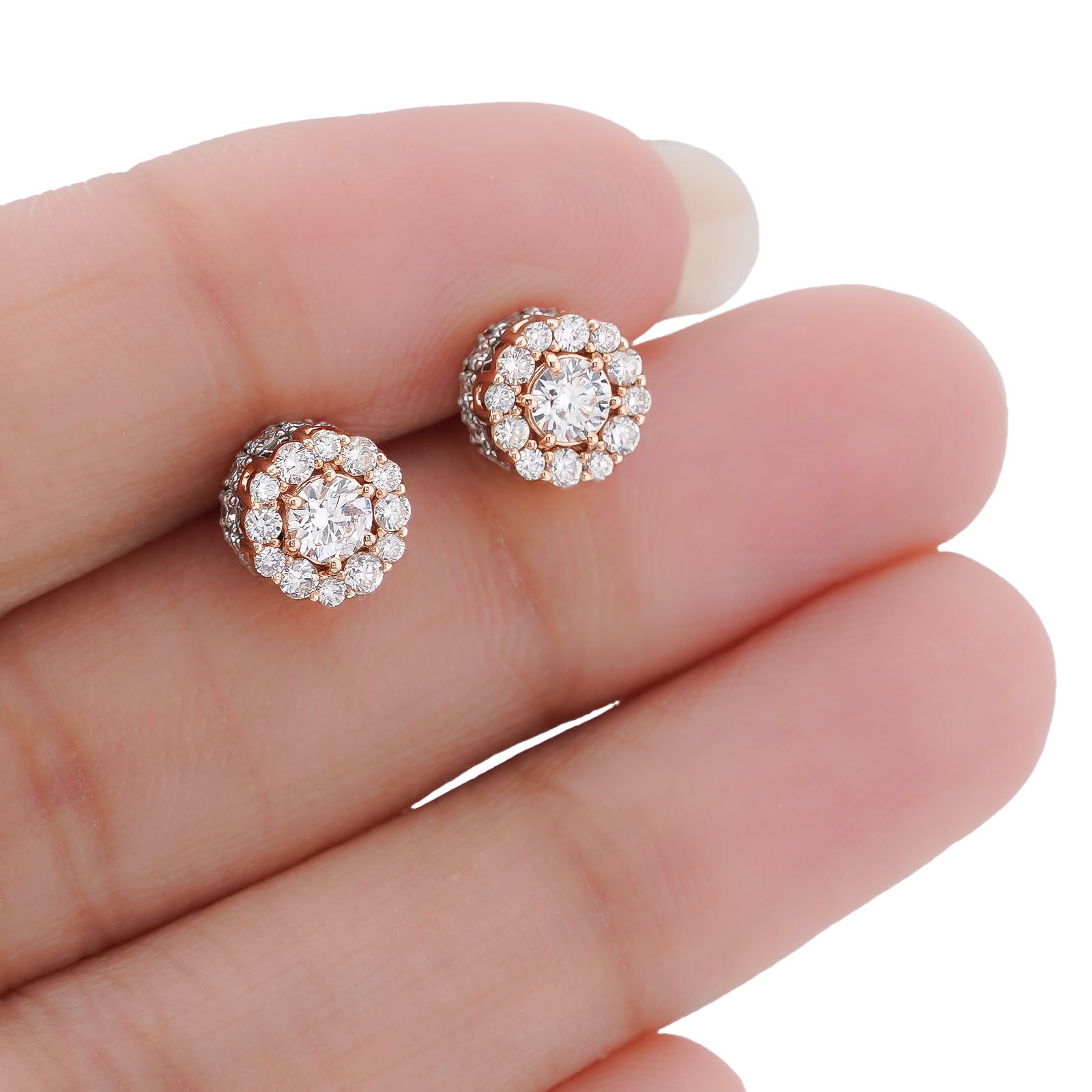 14K Rose Gold 1.14CT Flower Cluster Round Centre Solitaire Lab Diamond Men Women Earring - Elite Jewelers-Earrings