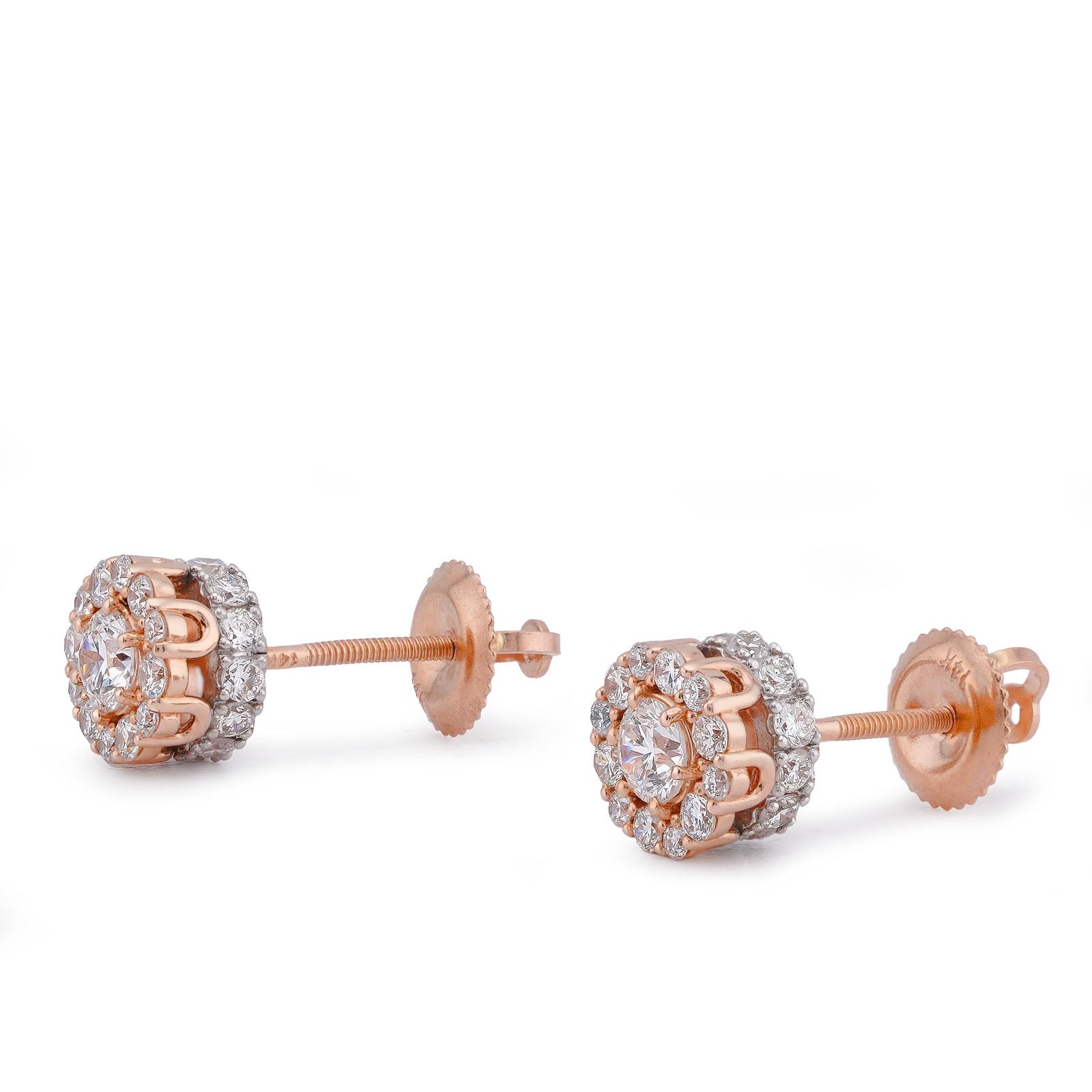 14K Rose Gold 1.14CT Flower Cluster Round Centre Solitaire Lab Diamond Men Women Earring - Elite Jewelers-Earrings