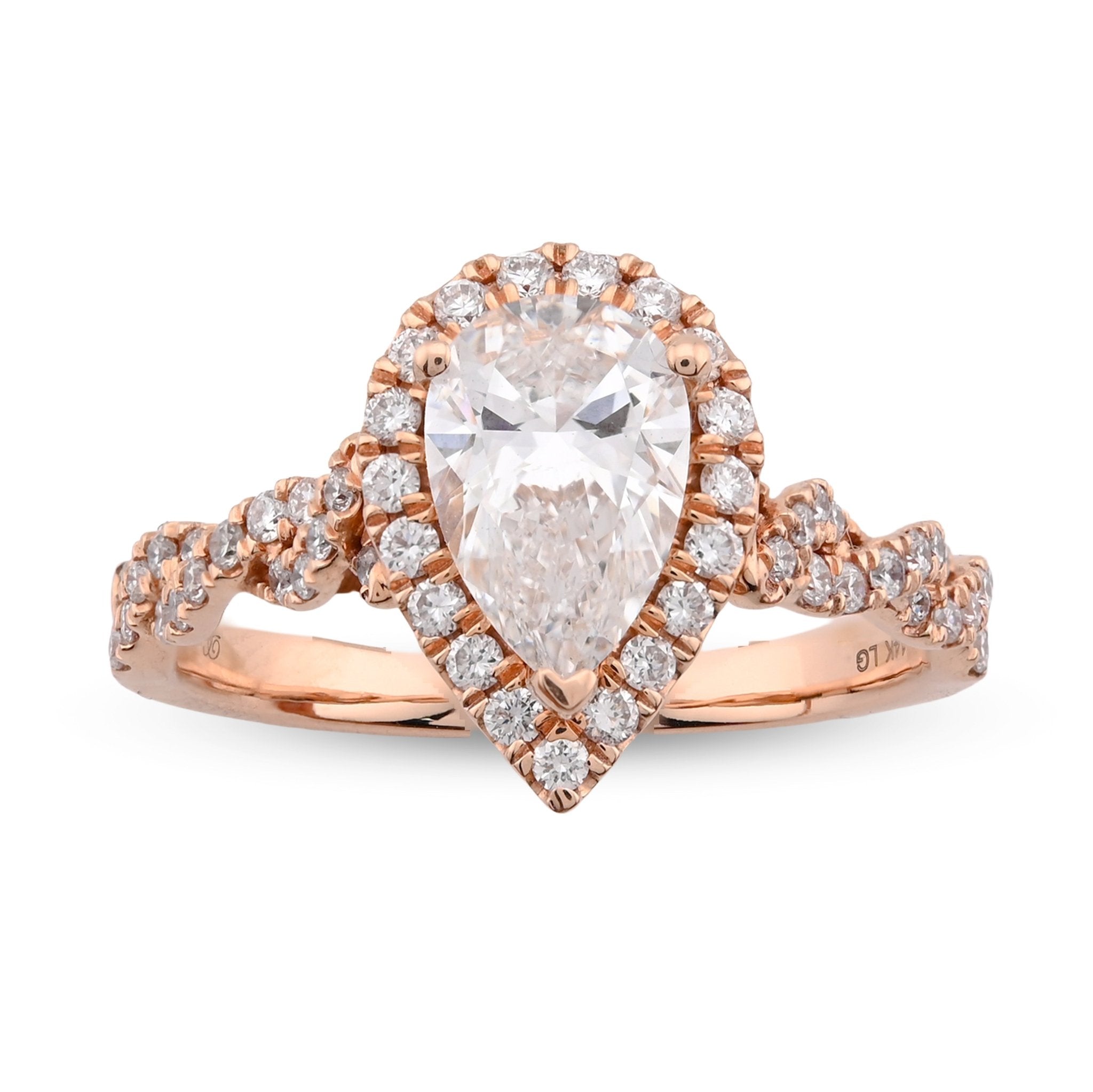 14K Rose Gold 1.48CT Pear Shape Solitaire Halo Round Lab Diamond Band Women Ring - Elite Jewelers - Rings