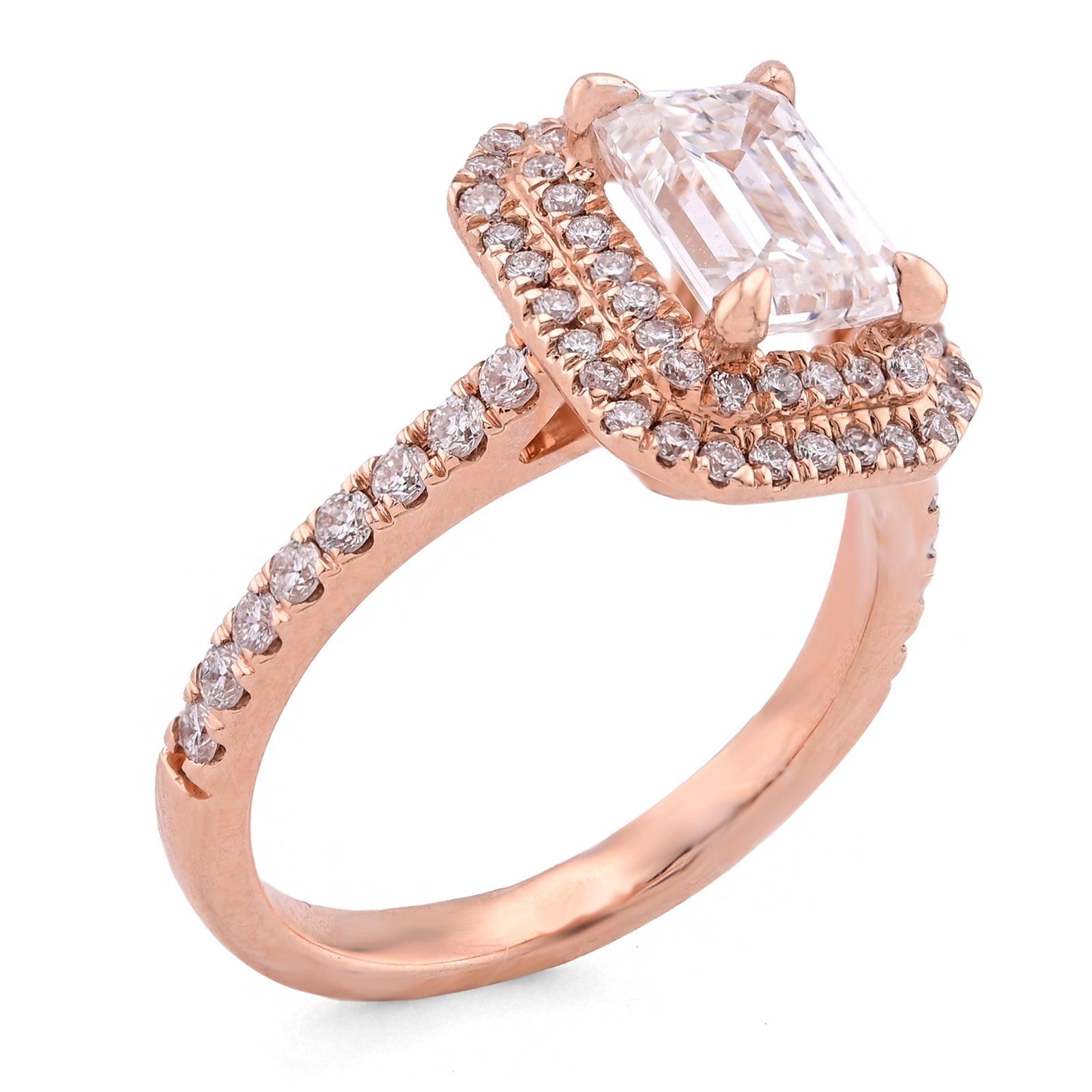 14K Rose Gold 1.5CT Emerald Centre Solitaire Two Layer Octagon Lab Diamond 2TC Women Ring - Elite Jewelers - Rings