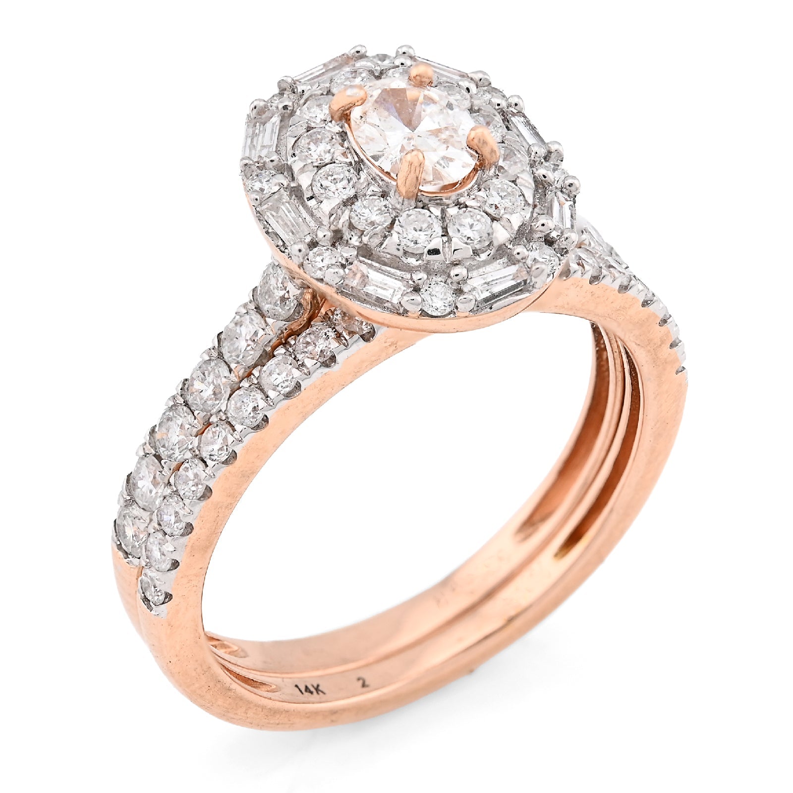 14K Rose Gold Oval Solitare & Baguette 1.25CT Natural Diamond Bridal WOmen RIng - Elite Jewelers - Rings