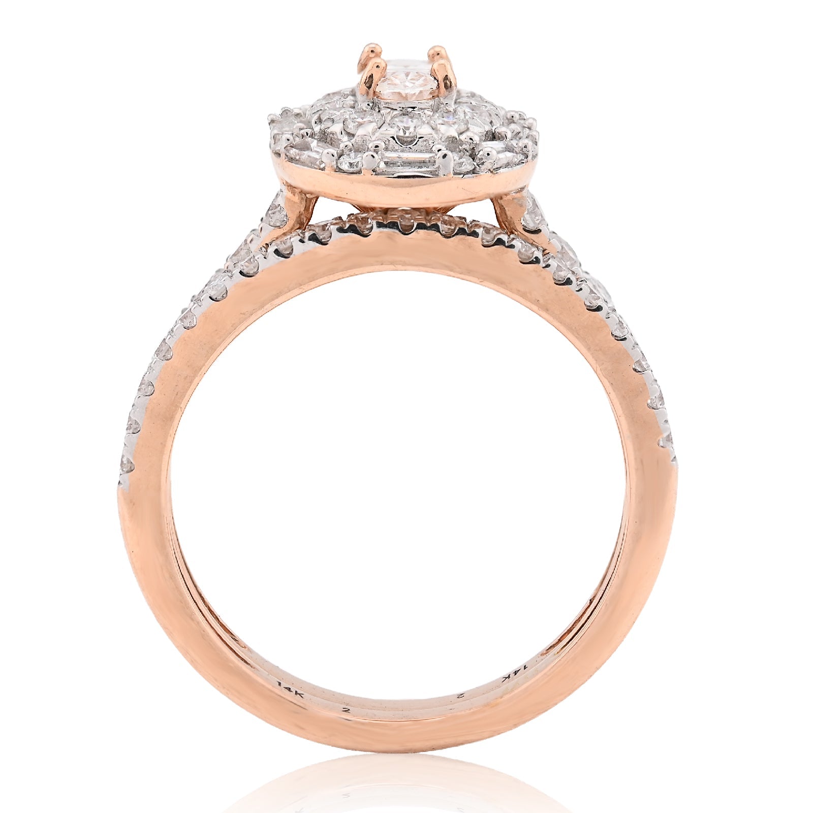 14K Rose Gold Oval Solitare & Baguette 1.25CT Natural Diamond Bridal WOmen RIng - Elite Jewelers - Rings
