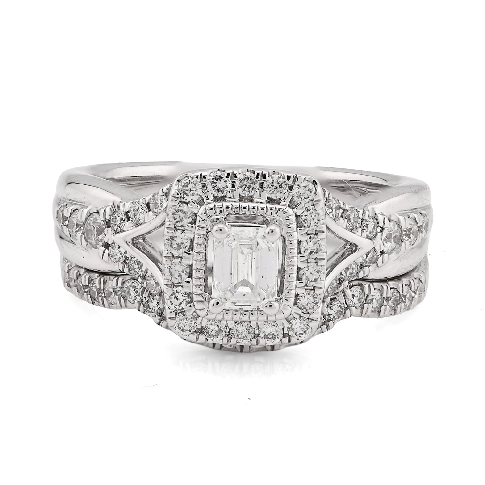 14K White Gold 0.96CT Natural DImaond Emerald Solitare Rectangular Women Wedding Ring Band - Elite Jewelers - Rings