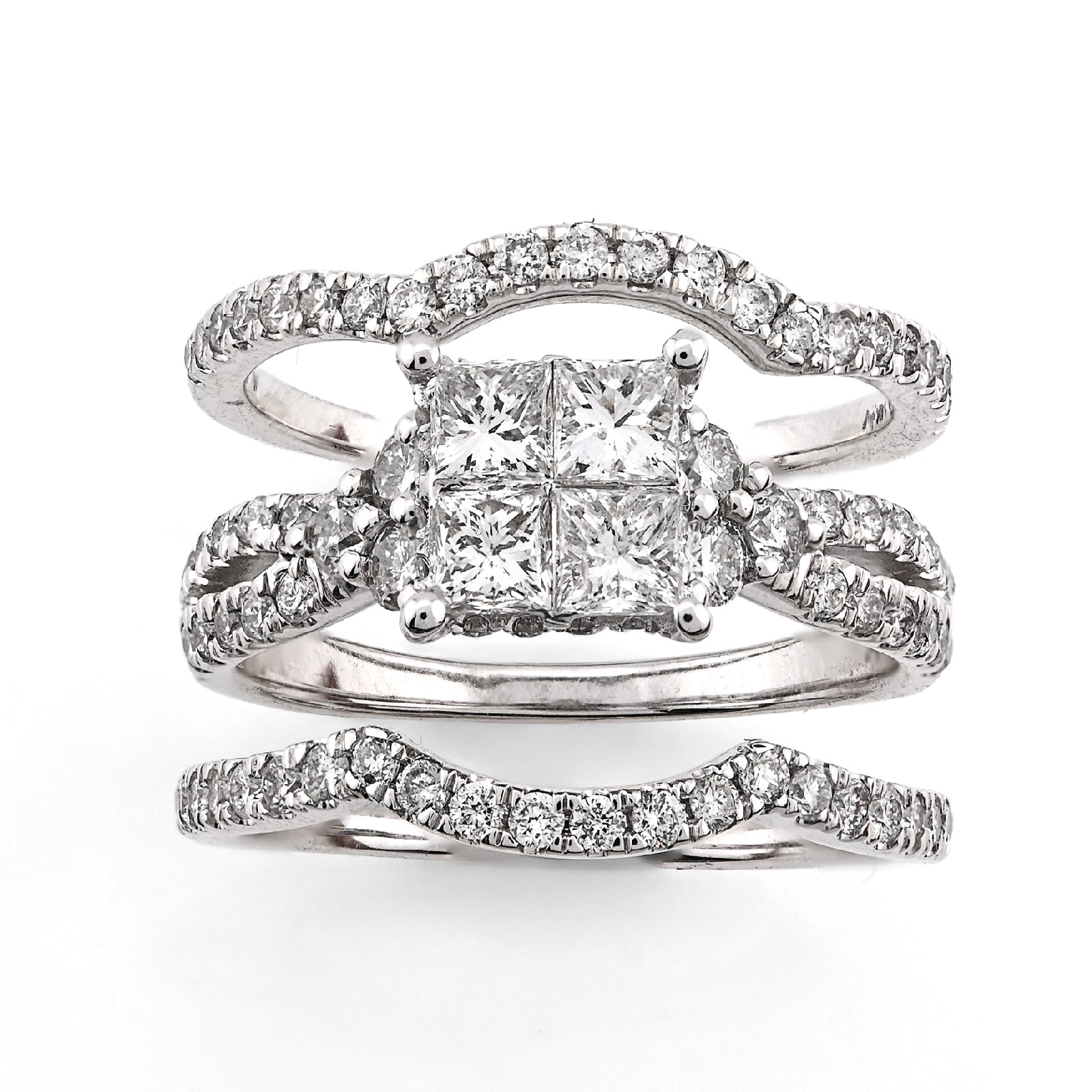 14K White Gold 1.50CT Natural Diamond Princess Cut/Round Square Shape Women 2 Band Wedding Ring - Elite Jewelers - Rings