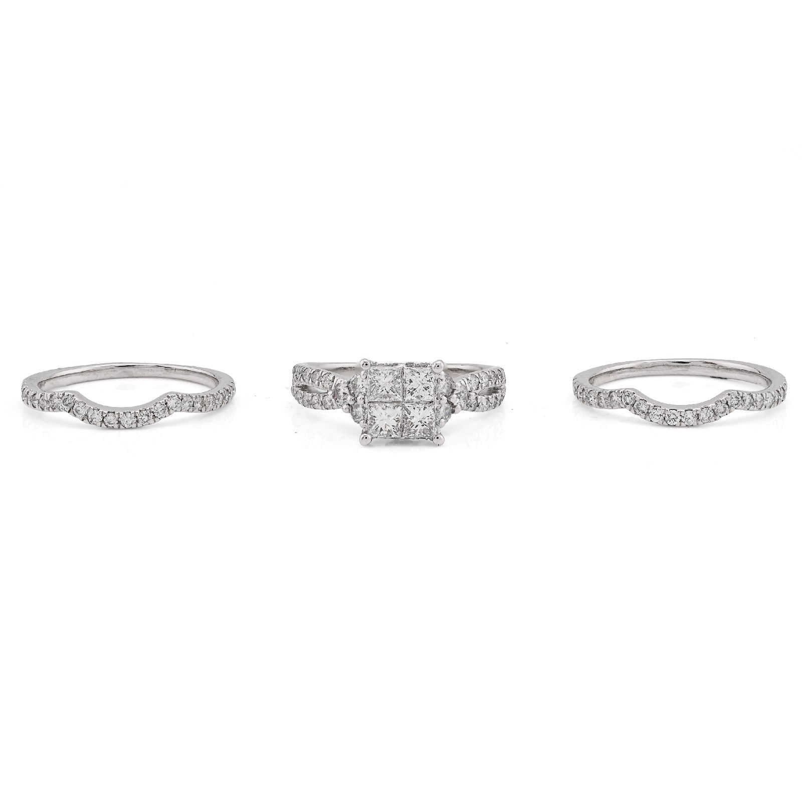 14K White Gold 1.50CT Natural Diamond Princess Cut/Round Square Shape Women 2 Band Wedding Ring - Elite Jewelers - Rings