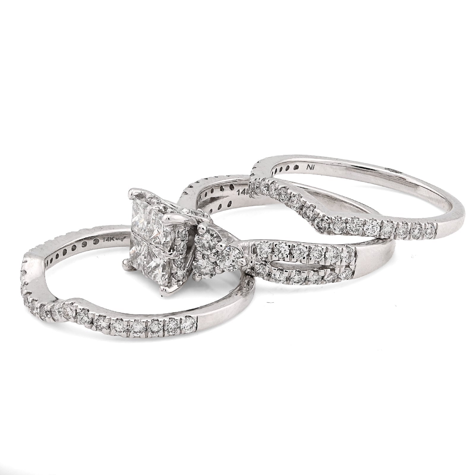 14K White Gold 1.50CT Natural Diamond Princess Cut/Round Square Shape Women 2 Band Wedding Ring - Elite Jewelers - Rings