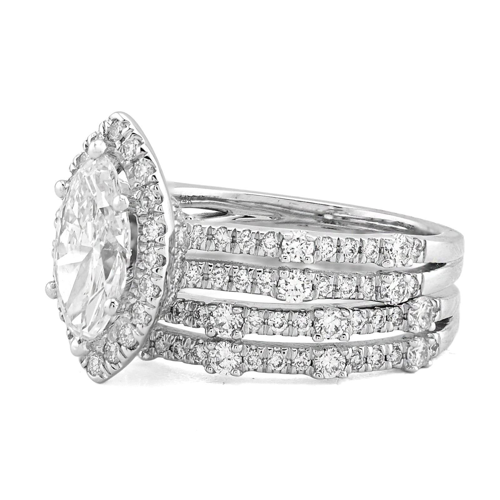 14K White Gold 1.5CT Centre Marquise Solitaire 2 Row Band 2.8TC Lab Diamond Women Ring with Band - Elite Jewelers - Rings