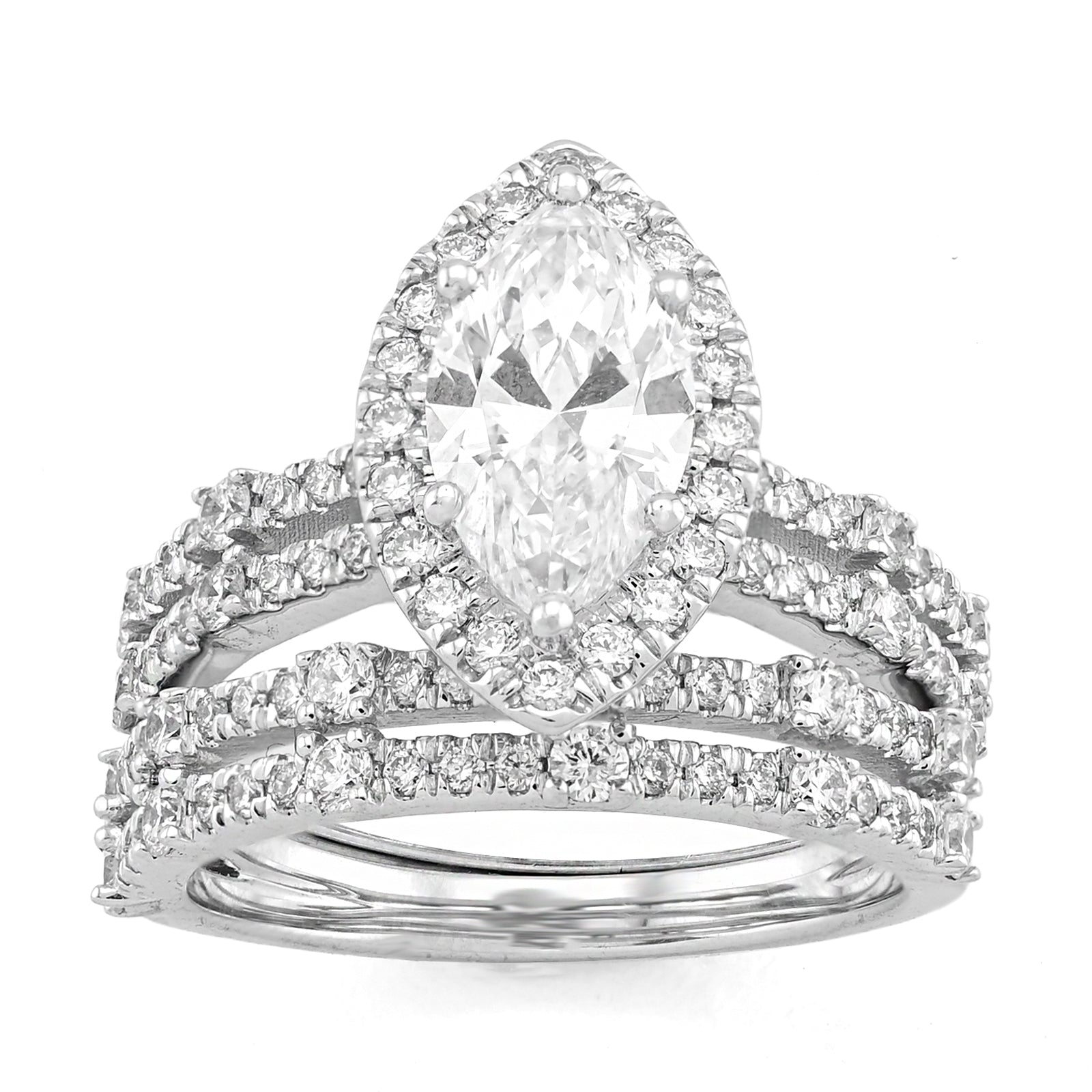 14K White Gold 1.5CT Centre Marquise Solitaire 2 Row Band 2.8TC Lab Diamond Women Ring with Band - Elite Jewelers - Rings