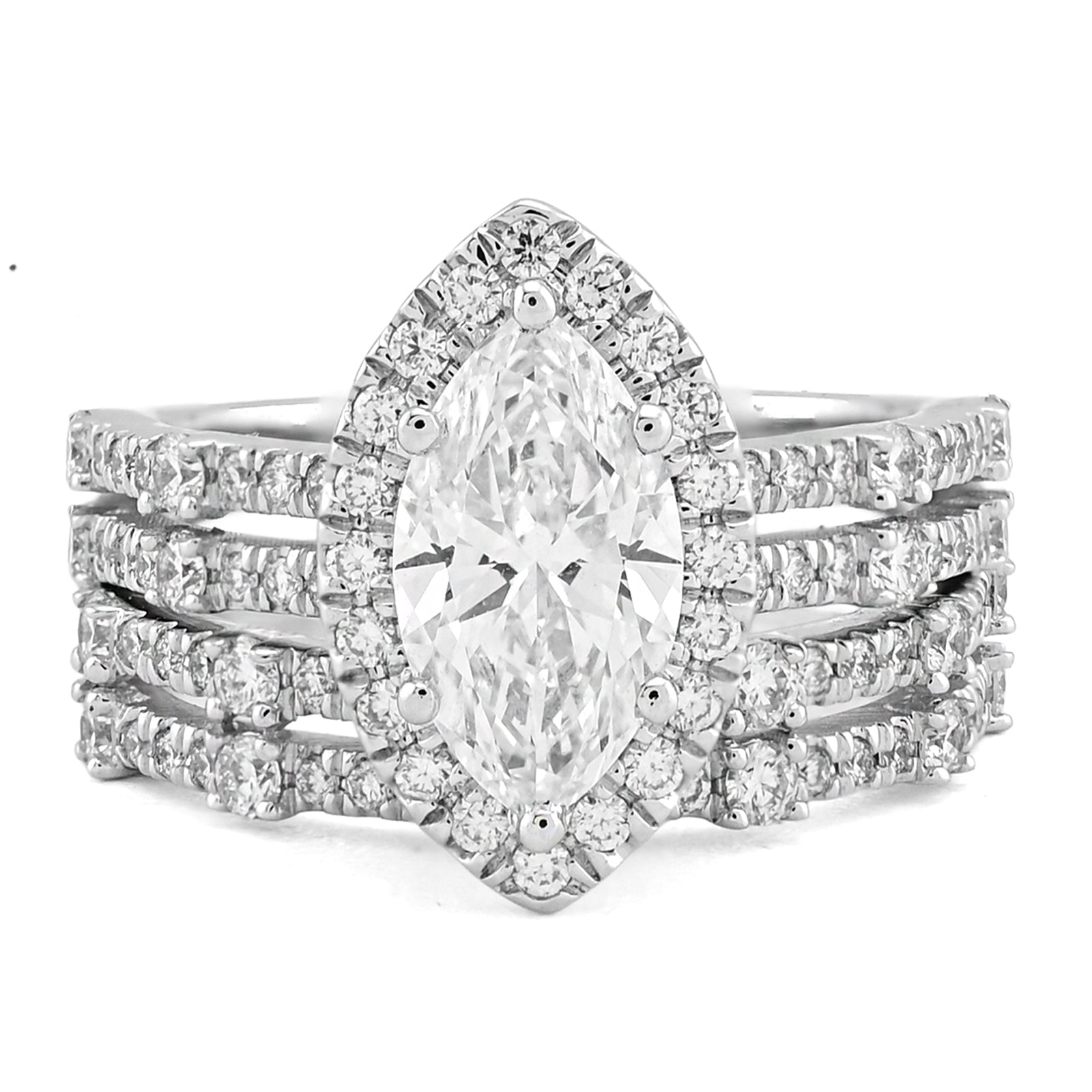 14K White Gold 1.5CT Centre Marquise Solitaire 2 Row Band 2.8TC Lab Diamond Women Ring with Band - Elite Jewelers - Rings