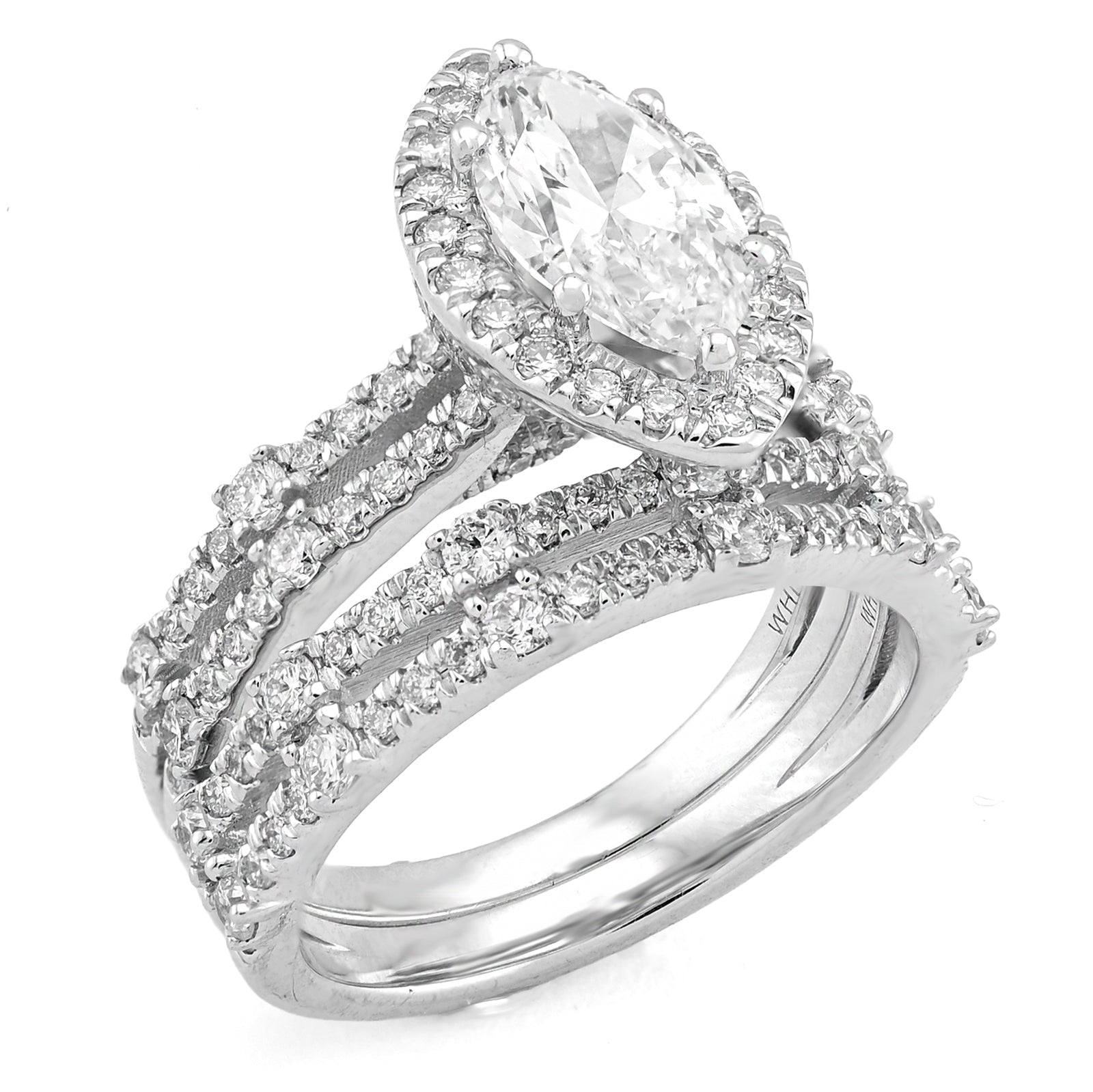 14K White Gold 1.5CT Centre Marquise Solitaire 2 Row Band 2.8TC Lab Diamond Women Ring with Band - Elite Jewelers - Rings