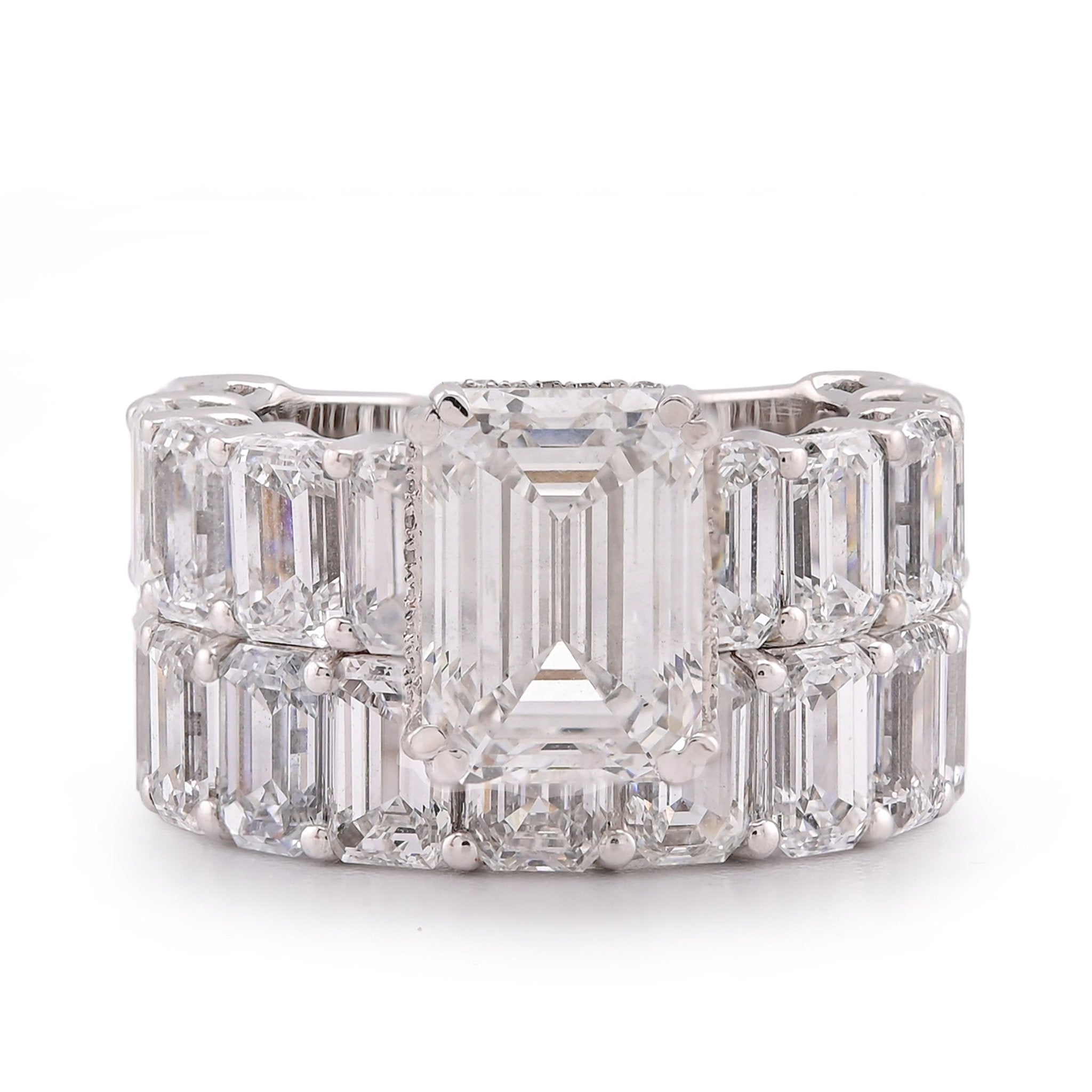 14K White Gold 16.95CT Emerald Solitaire Centre and Side Women Lab Diamond Ring with Band - Elite Jewelers-Rings
