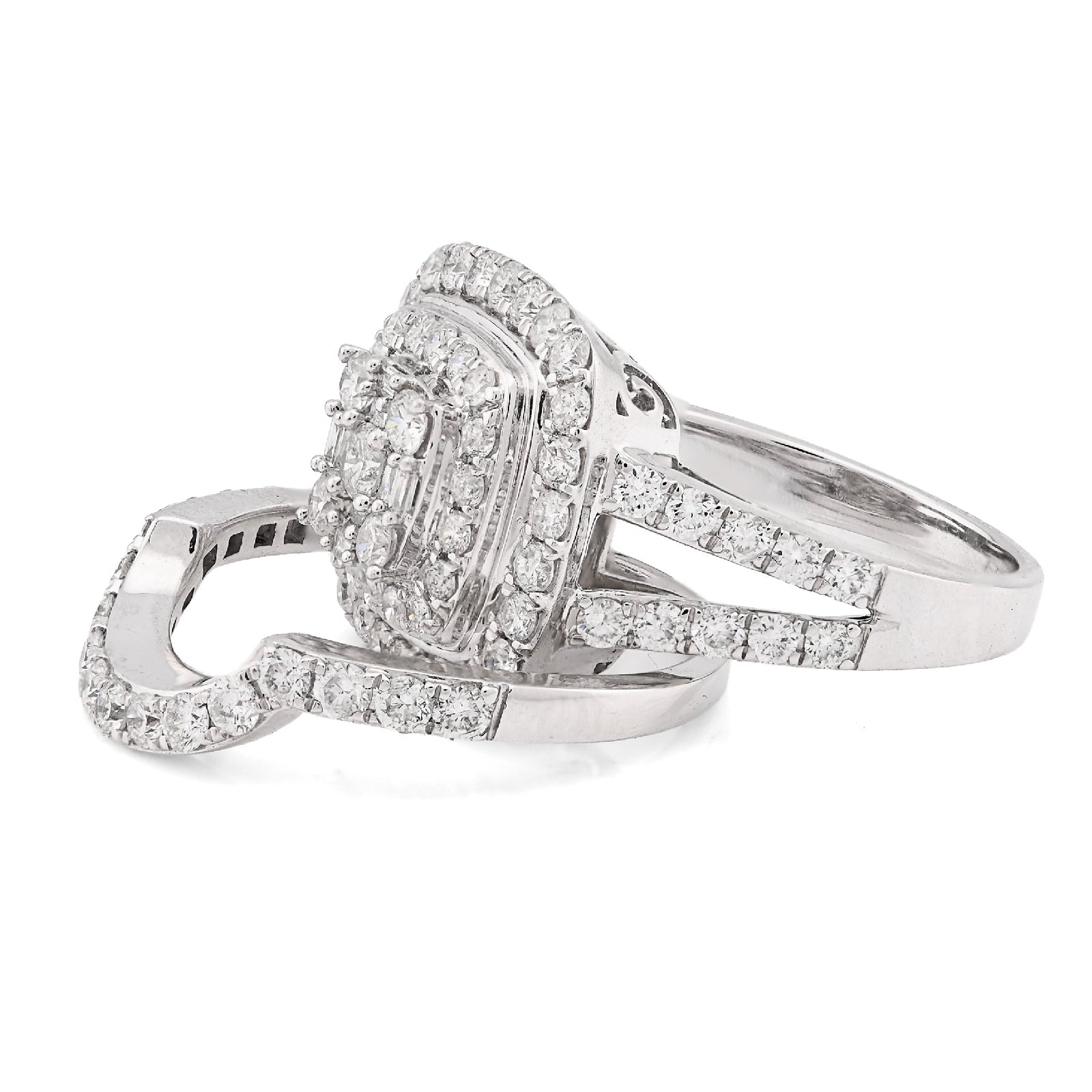 14K White Gold 1.98CT Natural Dimaond Round/Baguette Big Square Women Ring Wedding Band - Elite Jewelers - Rings