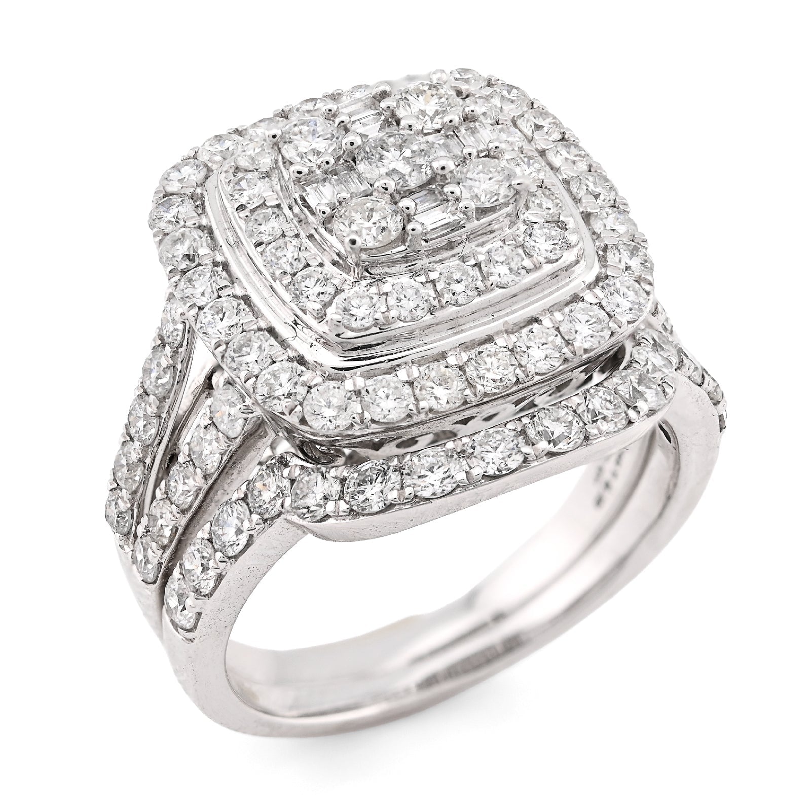 14K White Gold 1.98CT Natural Dimaond Round/Baguette Big Square Women Ring Wedding Band - Elite Jewelers - Rings