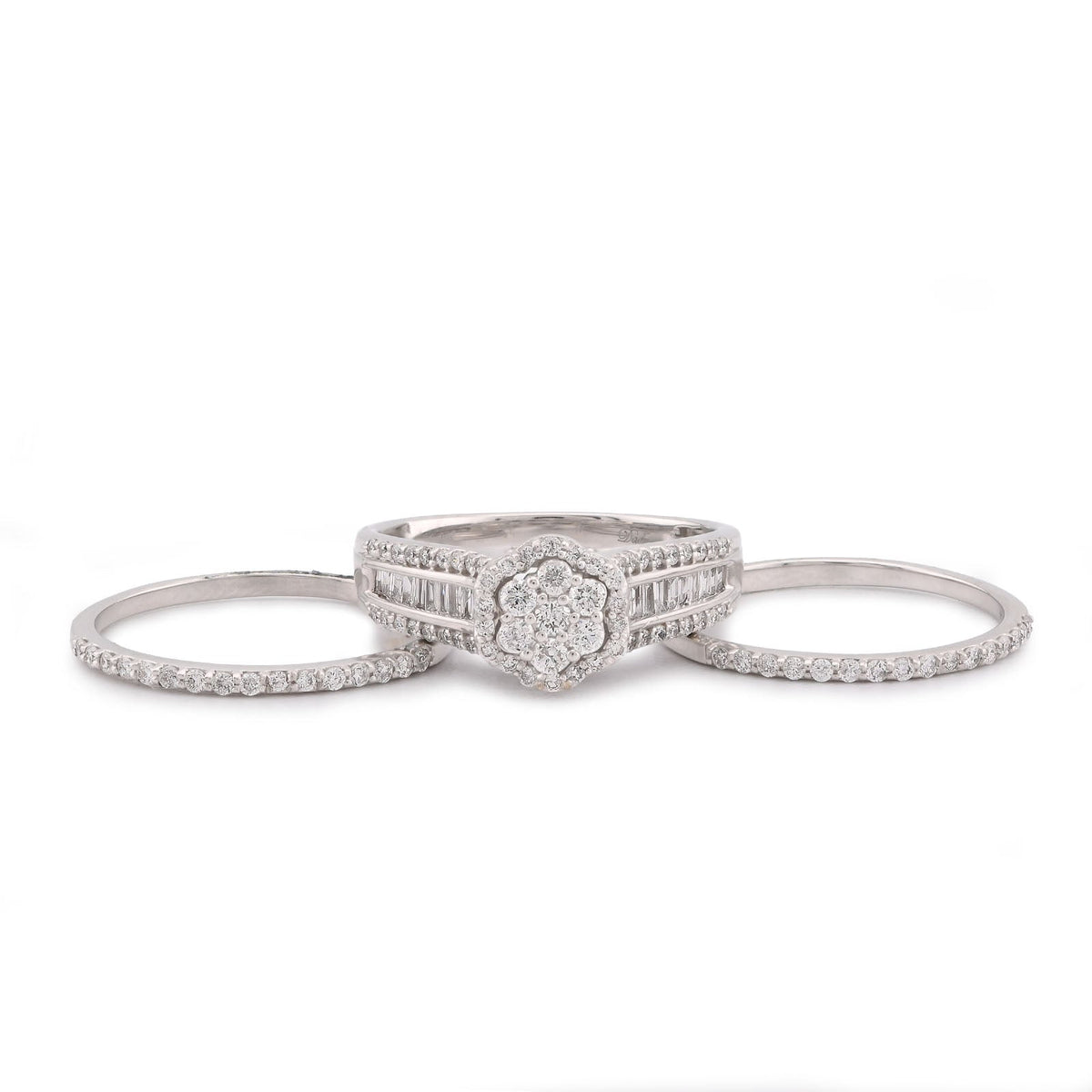 14K White Gold 1CT Natural Diamond Flower Cluster Centre Halo Baguette Women Wedding Ring w/ Band - Elite Jewelers-Rings