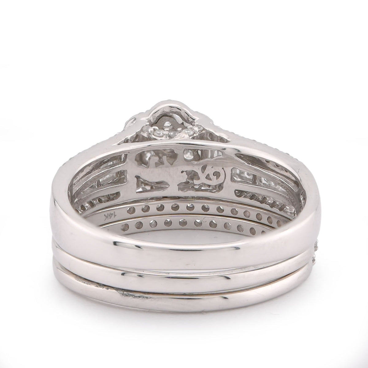 14K White Gold 1CT Natural Diamond Flower Cluster Centre Halo Baguette Women Wedding Ring w/ Band - Elite Jewelers-Rings
