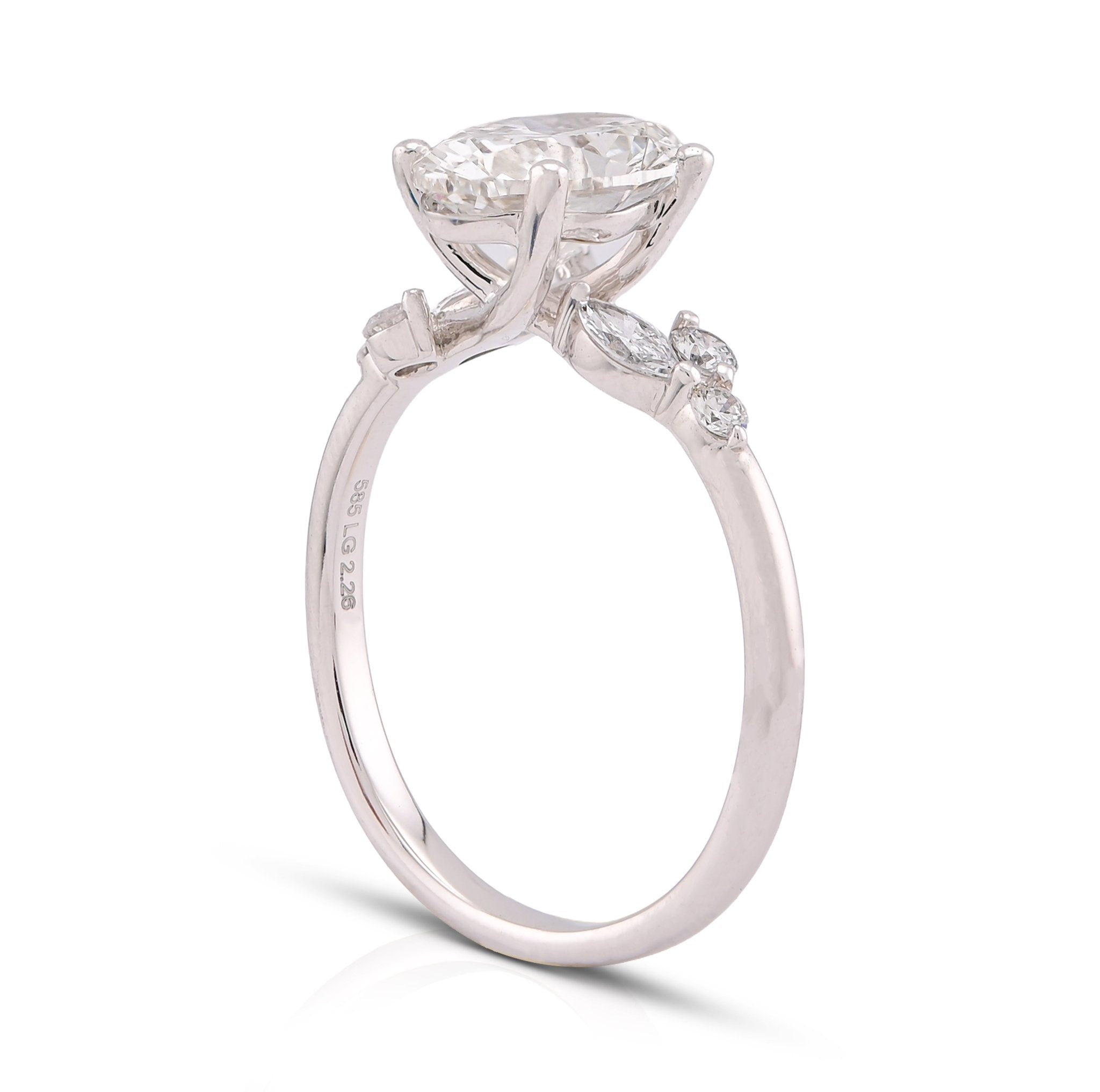 14K White Gold 2.25CT Oval Solitaire Centre Marquise/Round Side Lab Diamond Women Ring - Elite Jewelers-Rings