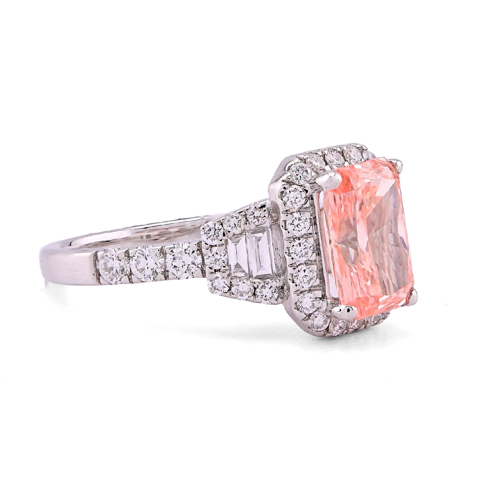 14K White Gold 2.75CT Pink Radiant Lab Diamond Side Baguette/Round Iced Women Ring - Elite Jewelers - Rings