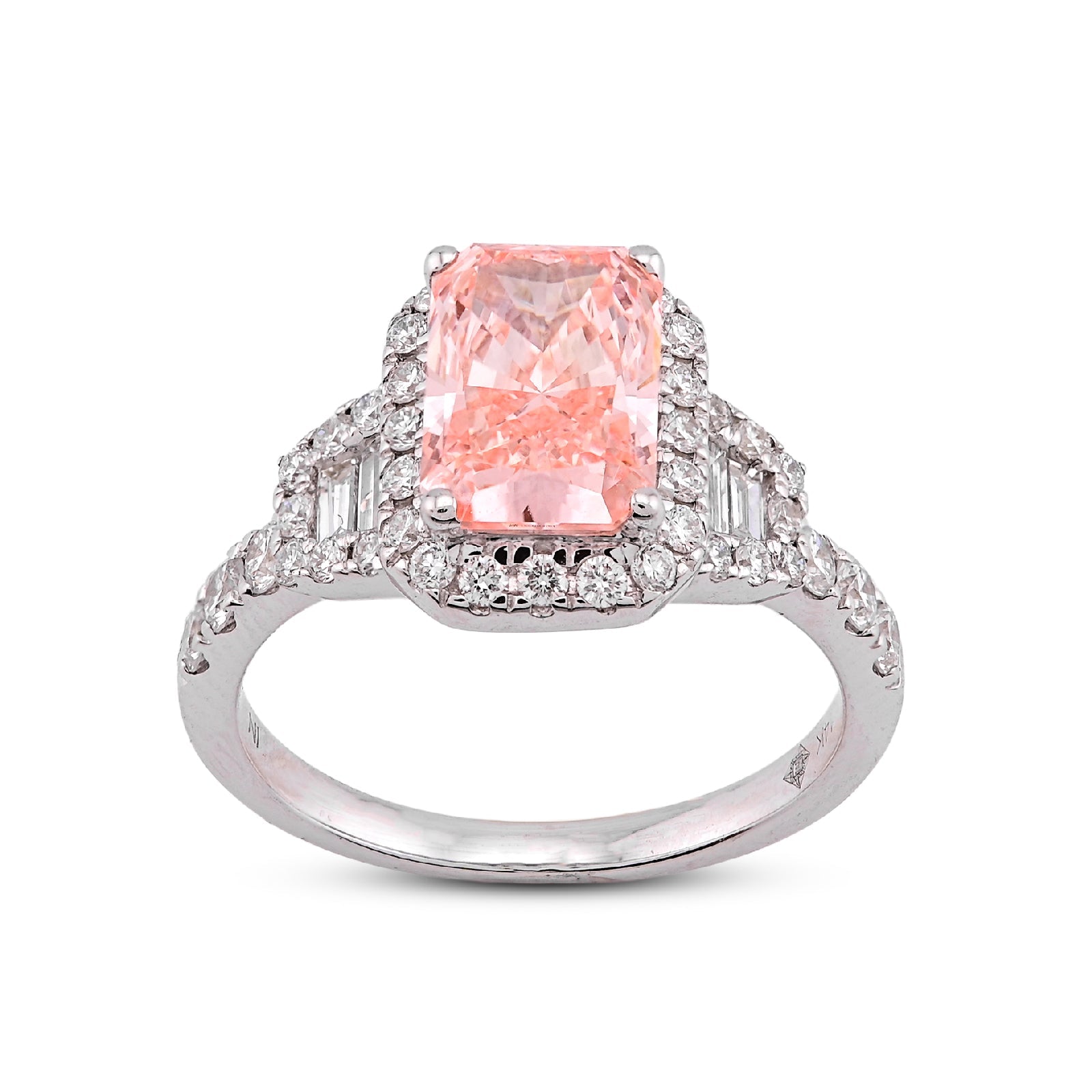 14K White Gold 2.75CT Pink Radiant Lab Diamond Side Baguette/Round Iced Women Ring - Elite Jewelers - Rings