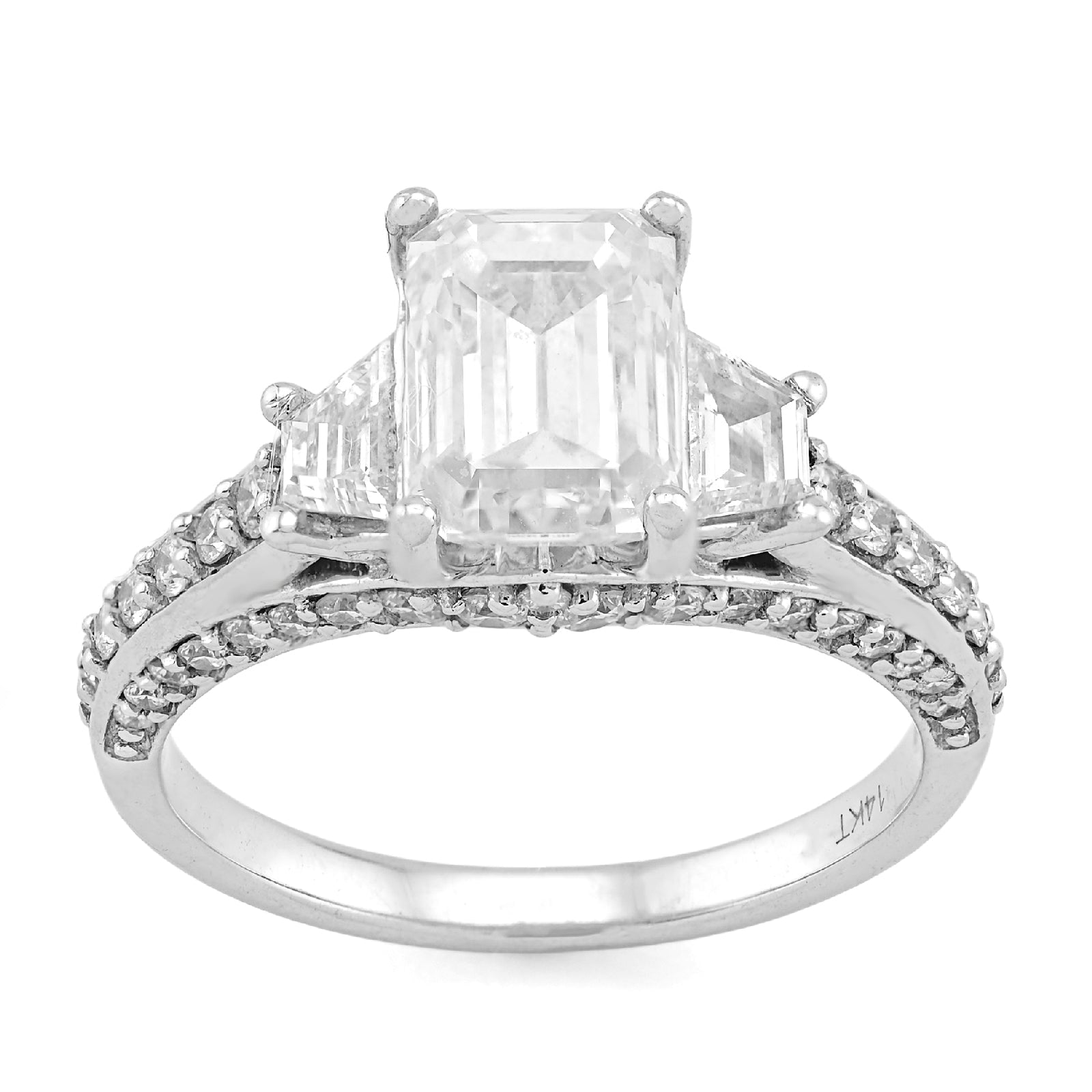 14K White Gold 2CT Centre Emerald Stone Side Iced 3TC Lab Diamond Women Ring - Elite Jewelers - Rings