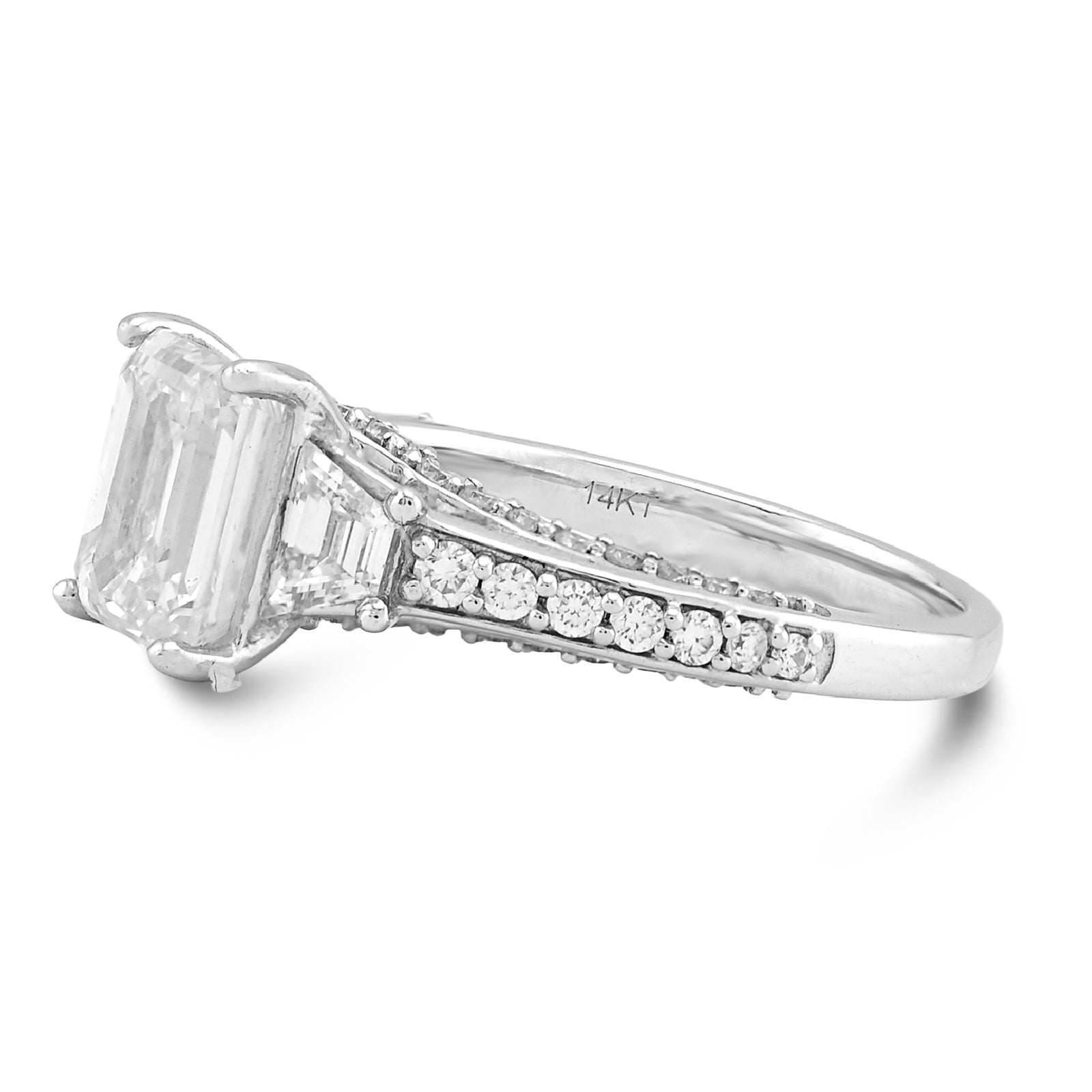 14K White Gold 2CT Centre Emerald Stone Side Iced 3TC Lab Diamond Women Ring - Elite Jewelers - Rings