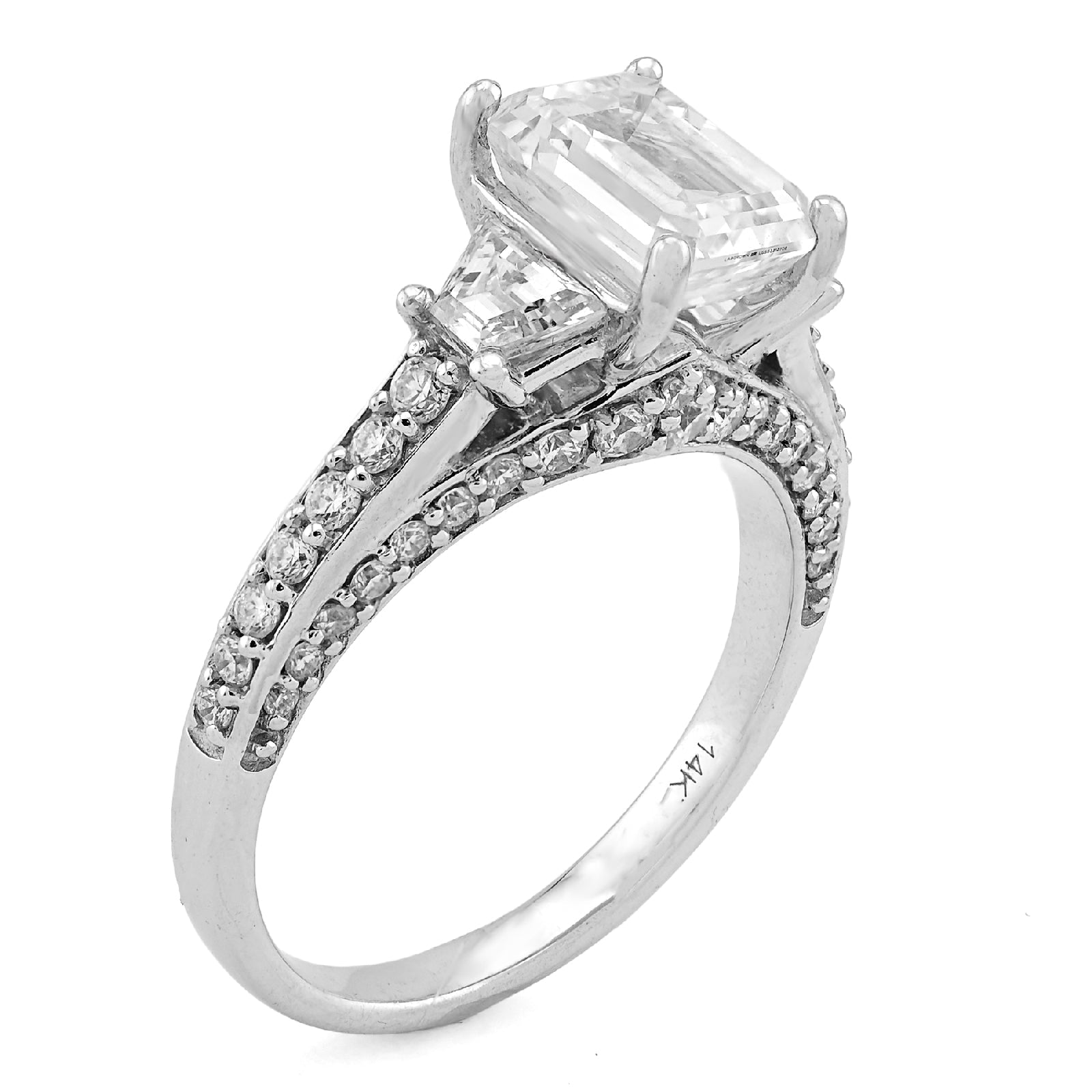 14K White Gold 2CT Centre Emerald Stone Side Iced 3TC Lab Diamond Women Ring - Elite Jewelers - Rings