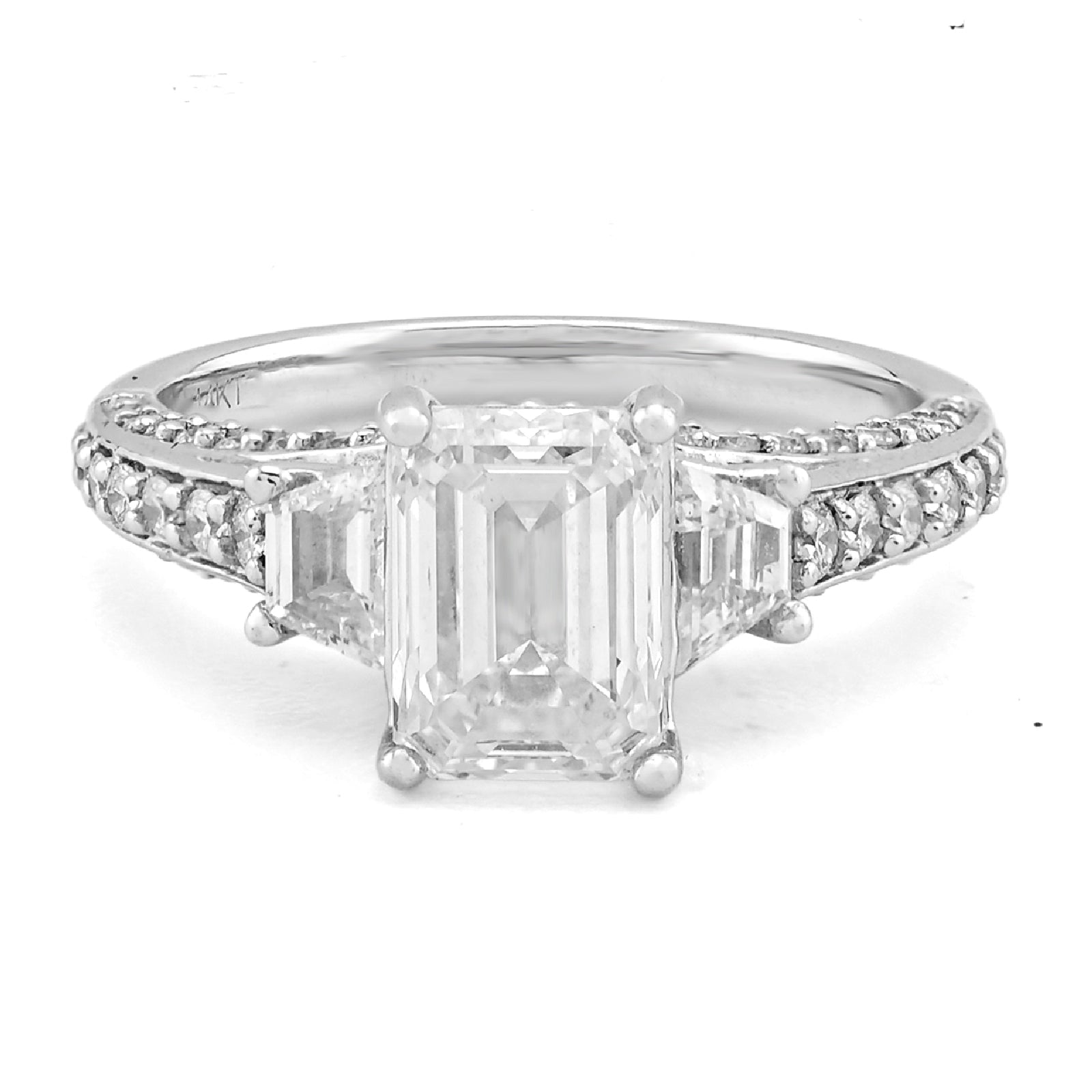 14K White Gold 2CT Centre Emerald Stone Side Iced 3TC Lab Diamond Women Ring - Elite Jewelers - Rings