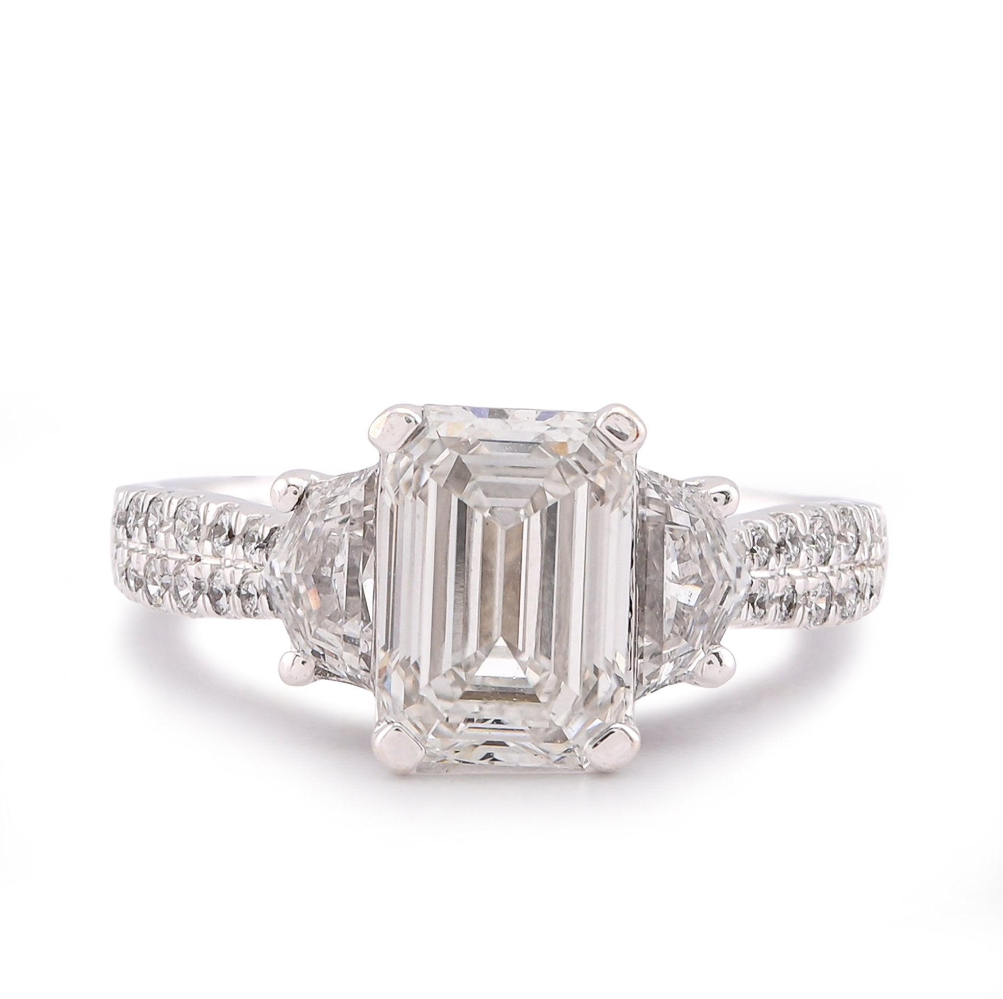14K White Gold 3.25CT Emerald Solitaire Radiant/Round Side Lab Diamond Women Ring - Elite Jewelers-Rings