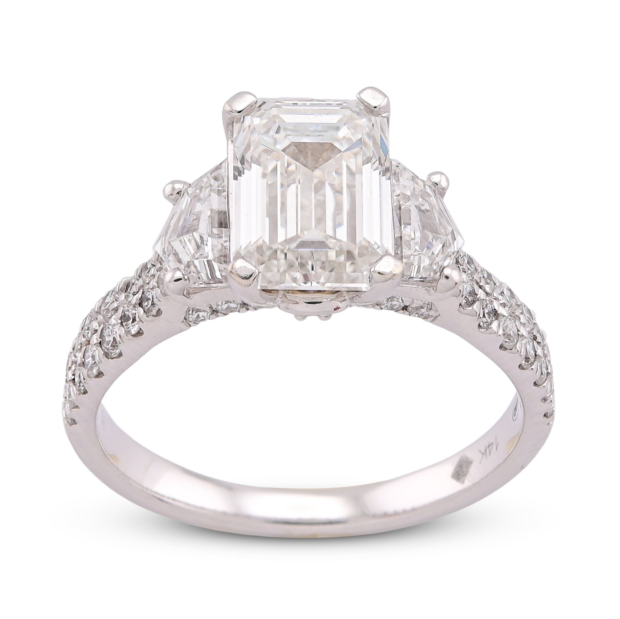 14K White Gold 3.25CT Emerald Solitaire Radiant/Round Side Lab Diamond Women Ring - Elite Jewelers-Rings