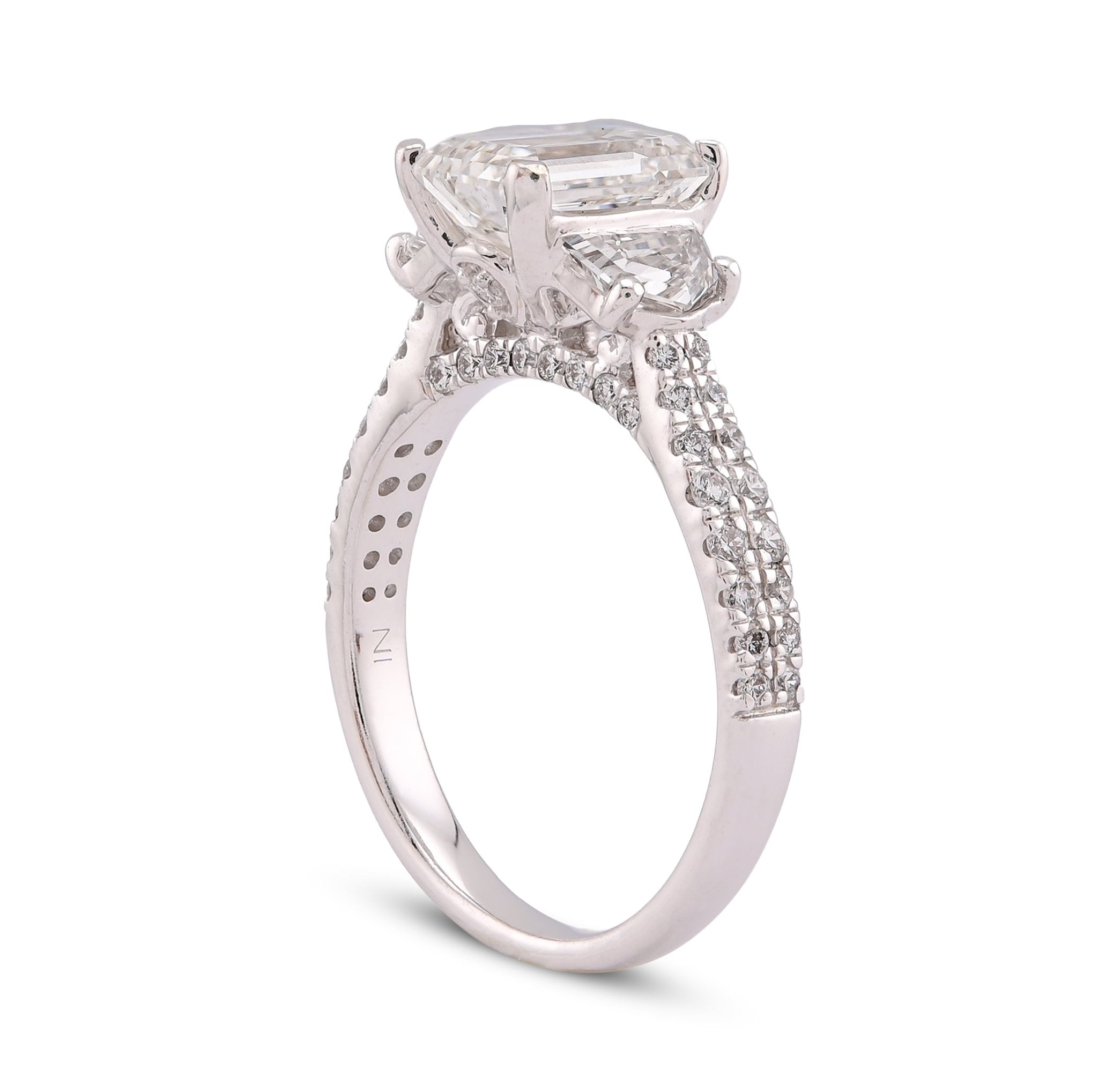 14K White Gold 3.25CT Emerald Solitaire Radiant/Round Side Lab Diamond Women Ring - Elite Jewelers-Rings