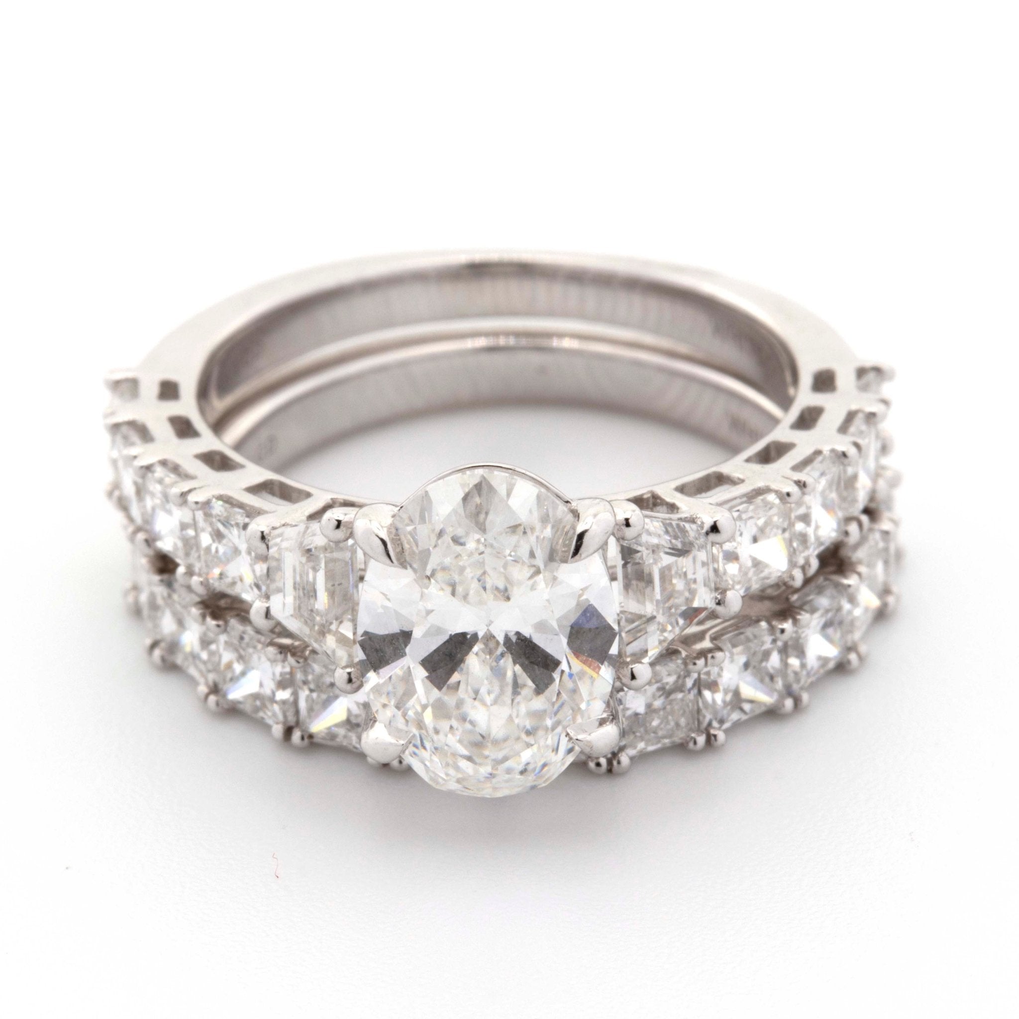 14k White Gold 3.30CT Oval Solitaire with Baguette and Princess Diamond on Band 5.36CT Lab Grown VS Diamond Wedding Set Ring - Elite Jewelers - Rings