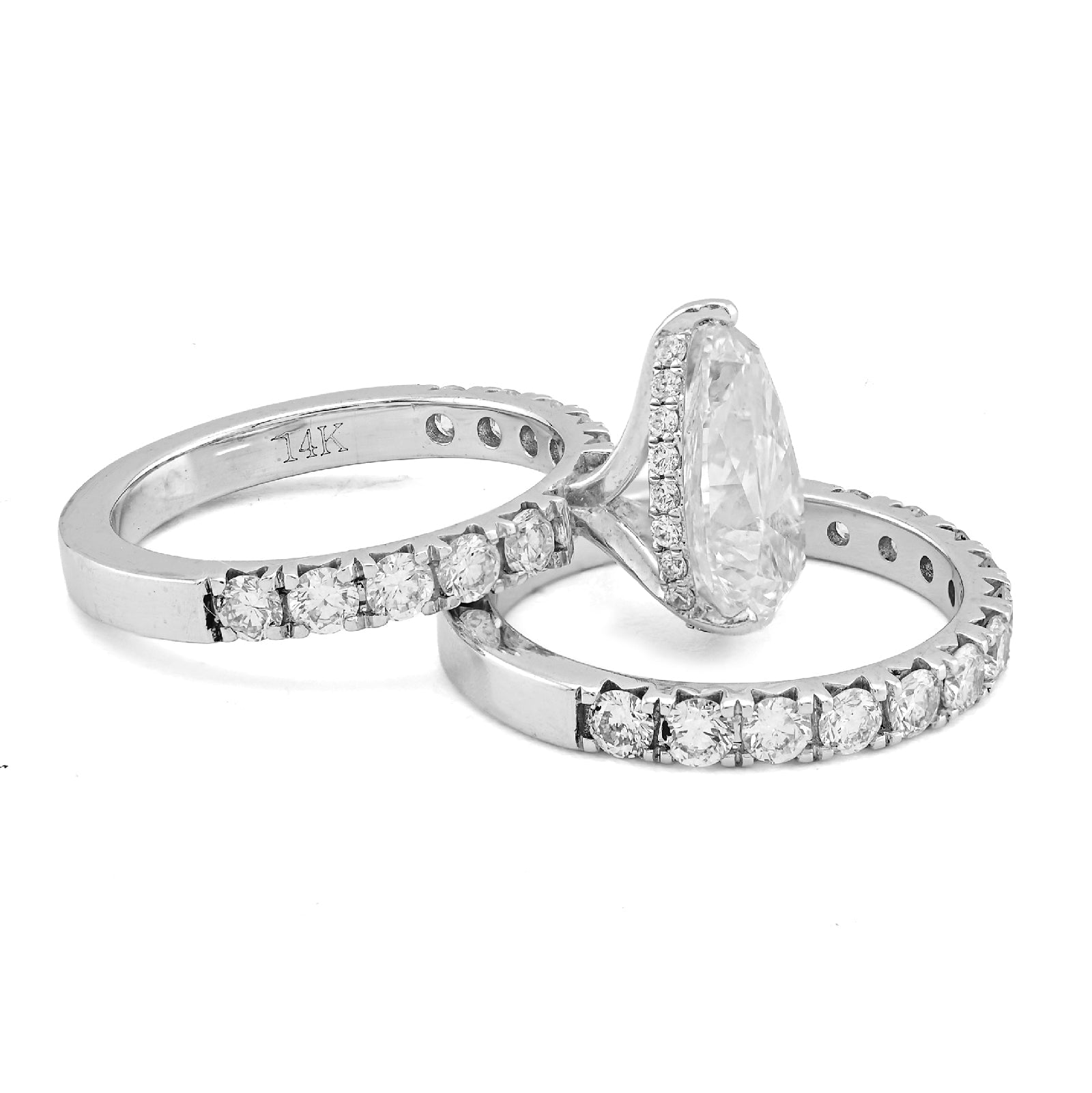 14K White Gold 3.5CT Tear Drop/Pear 4.5TC Lab Diamond Side Iced wih Band Women Ring - Elite Jewelers - Rings