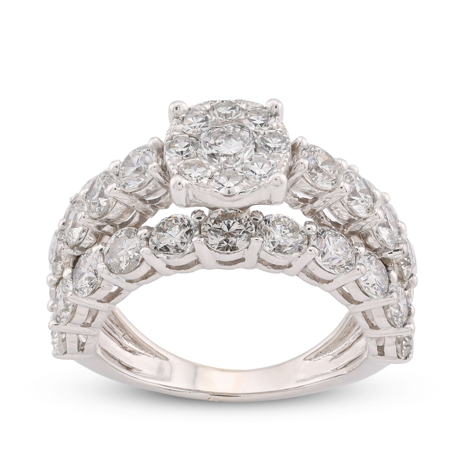 14K White Gold 4.8CT Natural Diamond Round Centre 3 Row Women Ring - Elite Jewelers-Rings