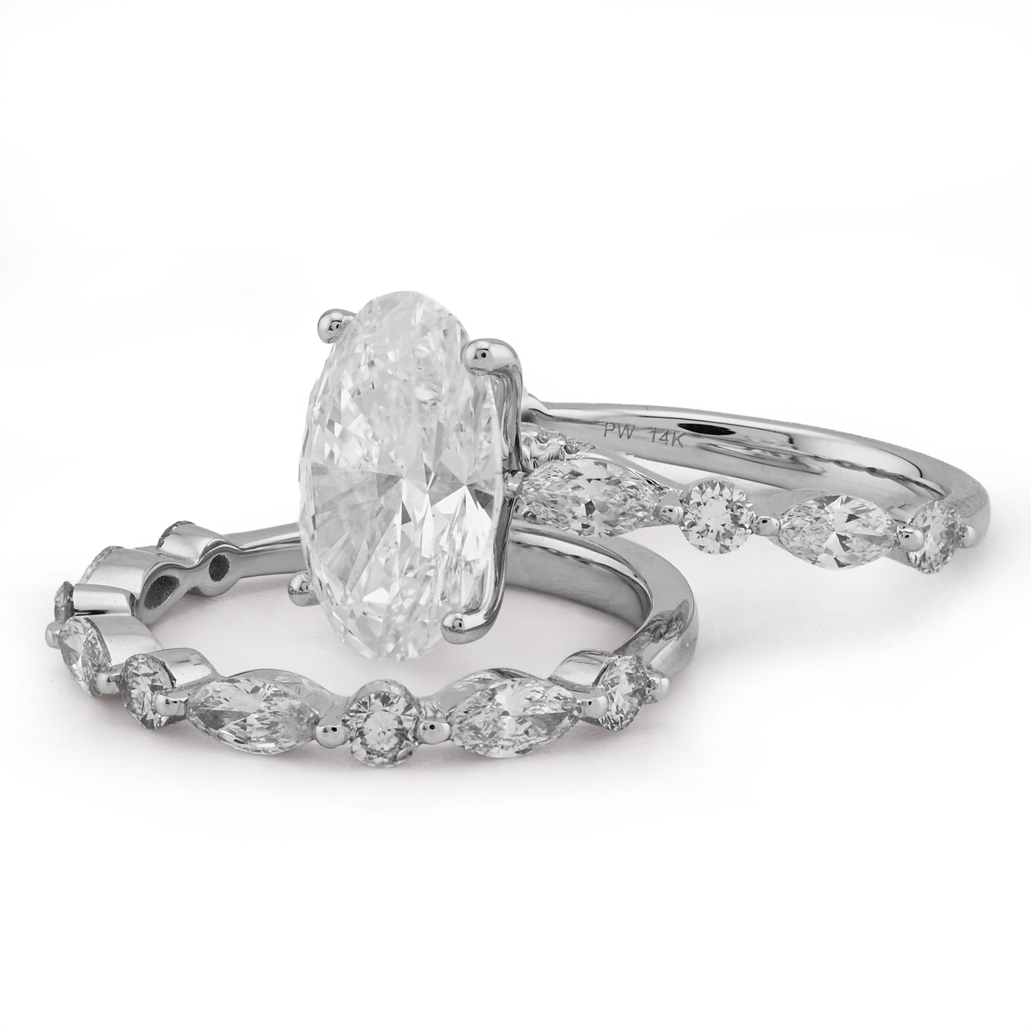 14K White Gold 5.58CT Oval Solitaire Marquise/Round Band Lab Diamond Women Ring 6.8g - Elite Jewelers - Rings