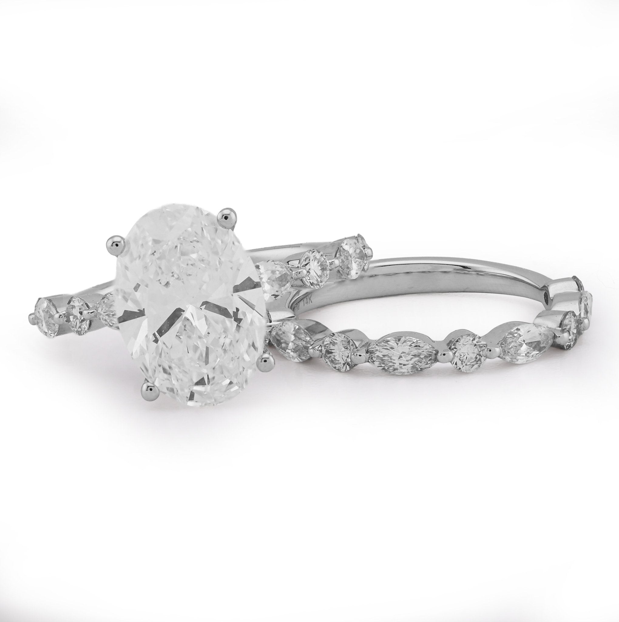 14K White Gold 5.58CT Oval Solitaire Marquise/Round Band Lab Diamond Women Ring 6.8g - Elite Jewelers - Rings