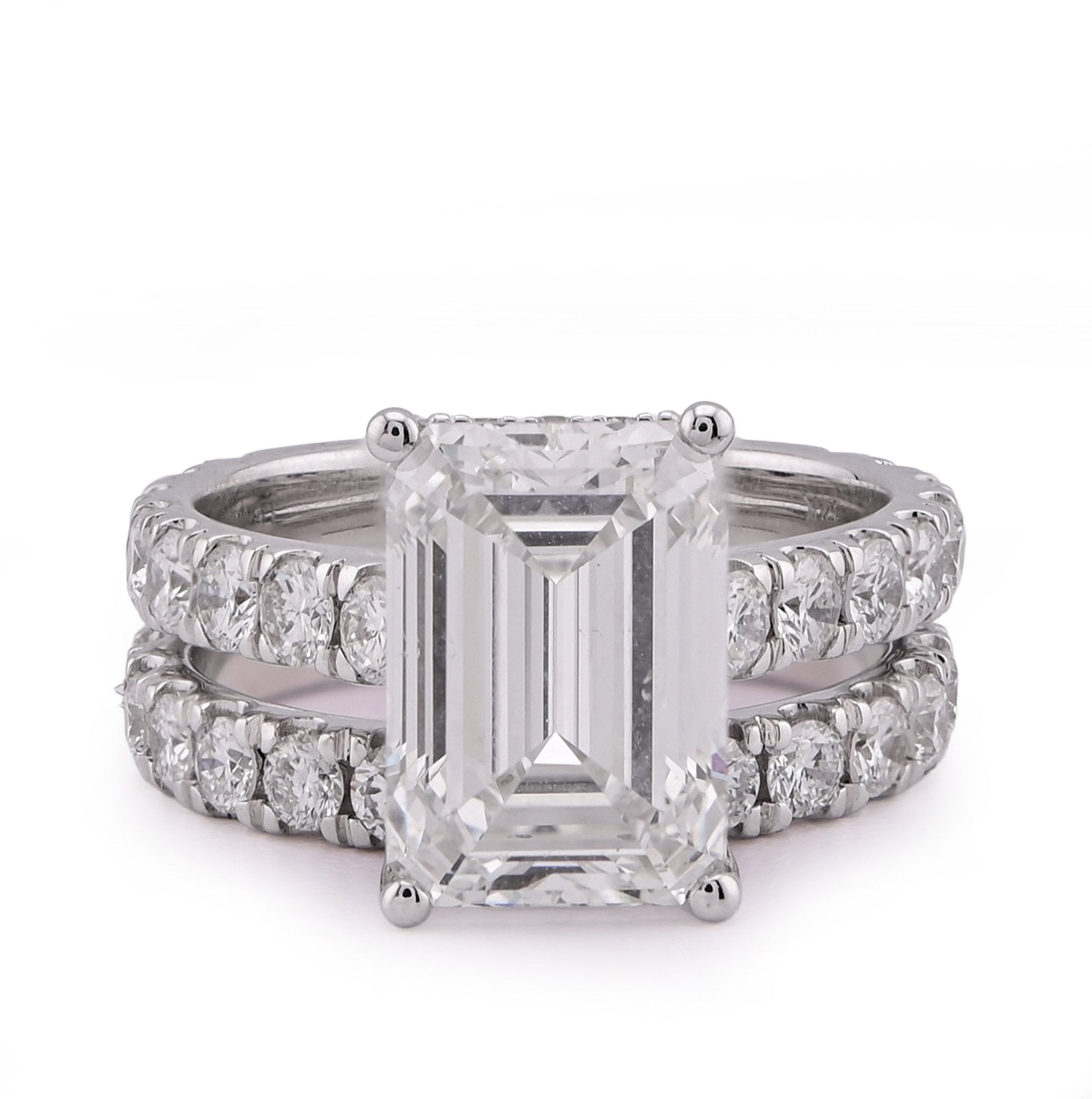 14K White Gold 5CT Emerald Centre Solitaire 7.27TC Lab Diamond Women Ring with Band - Elite Jewelers - Rings