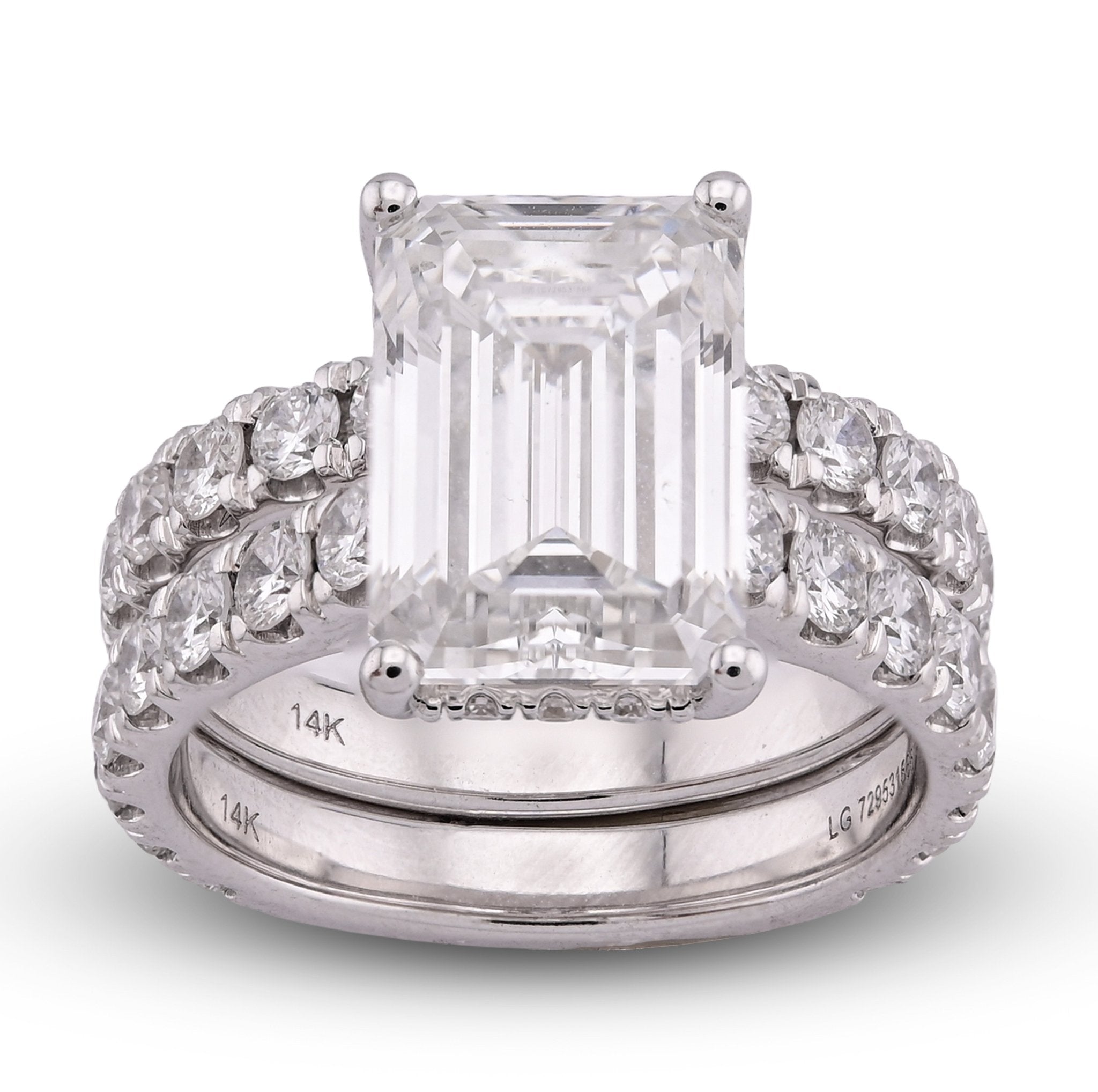 14K White Gold 5CT Emerald Centre Solitaire 7.27TC Lab Diamond Women Ring with Band - Elite Jewelers - Rings