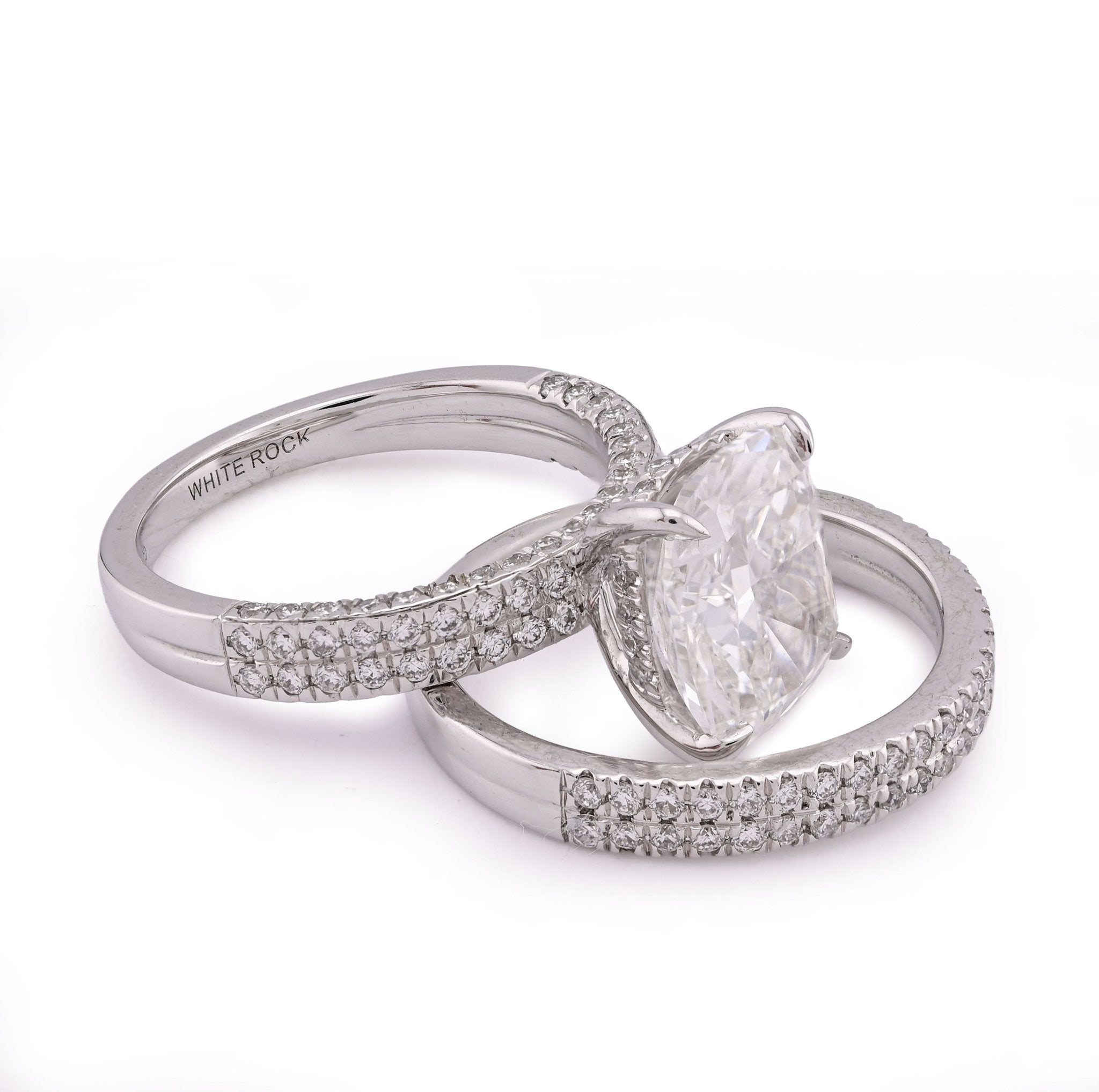 14K White Gold Cushion Cut 4CT Centre Stone 5TC Lab Diamond 2 Row Women Ring with Band - Elite Jewelers - Rings
