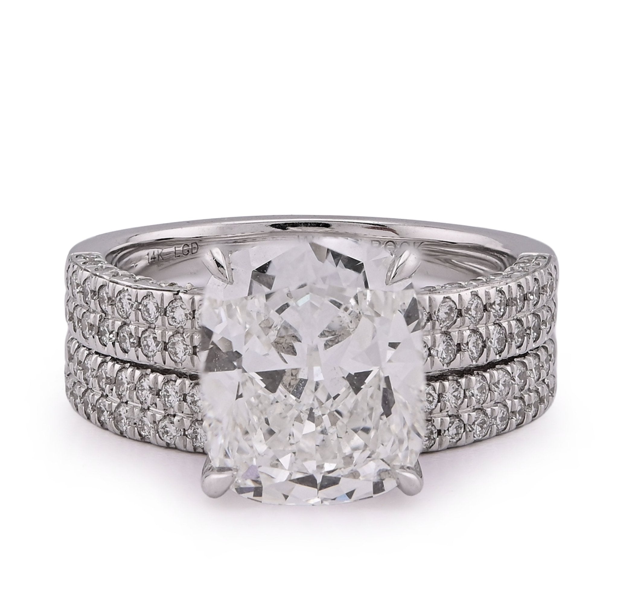 14K White Gold Cushion Cut 4CT Centre Stone 5TC Lab Diamond 2 Row Women Ring with Band - Elite Jewelers - Rings